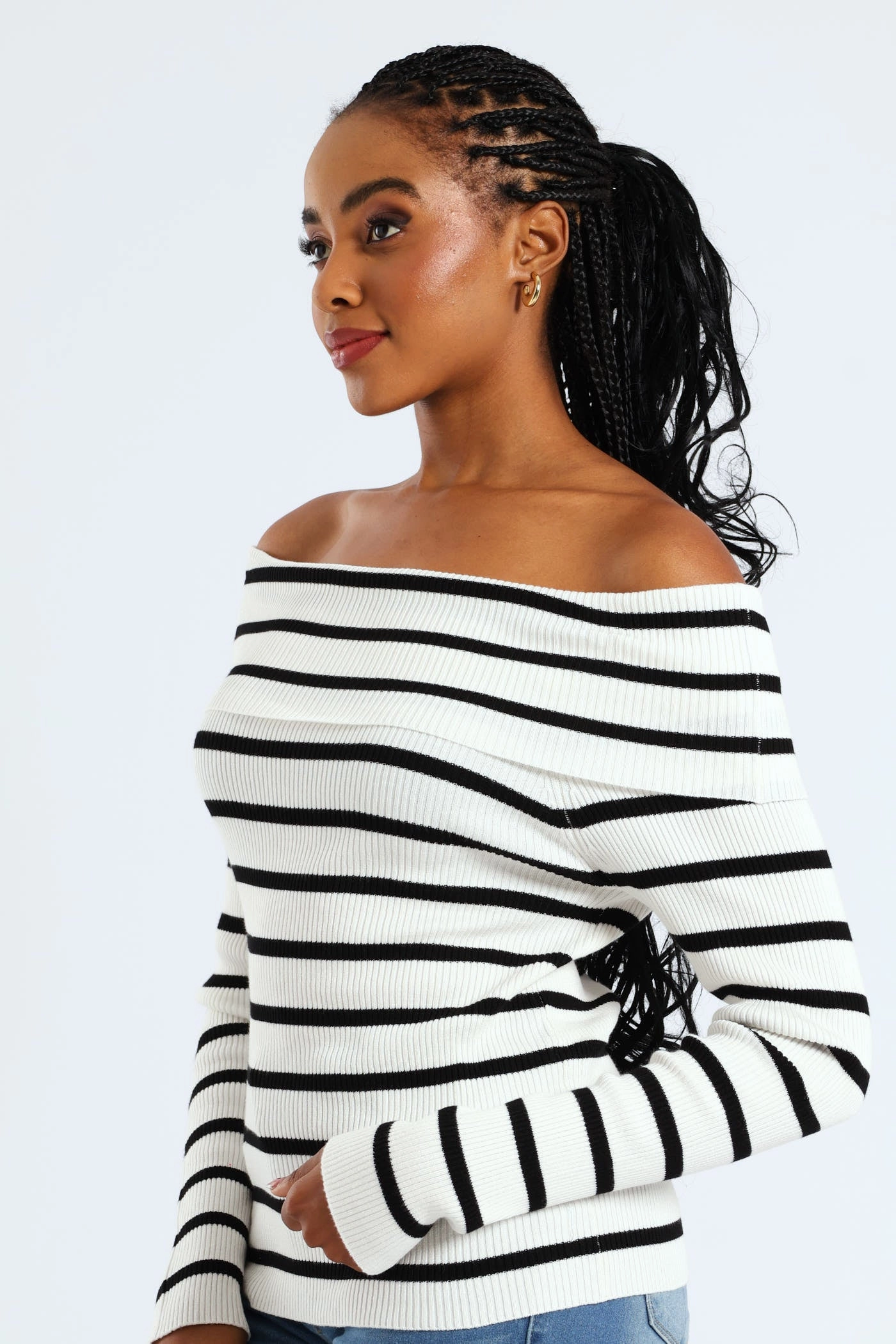 Textured Weave Pattern Bardot Stripe Knitwear Top - White/Black