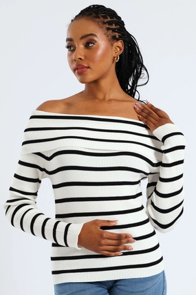 Bardot Stripe Knitwear Top - White/Black BiodegradableFabric