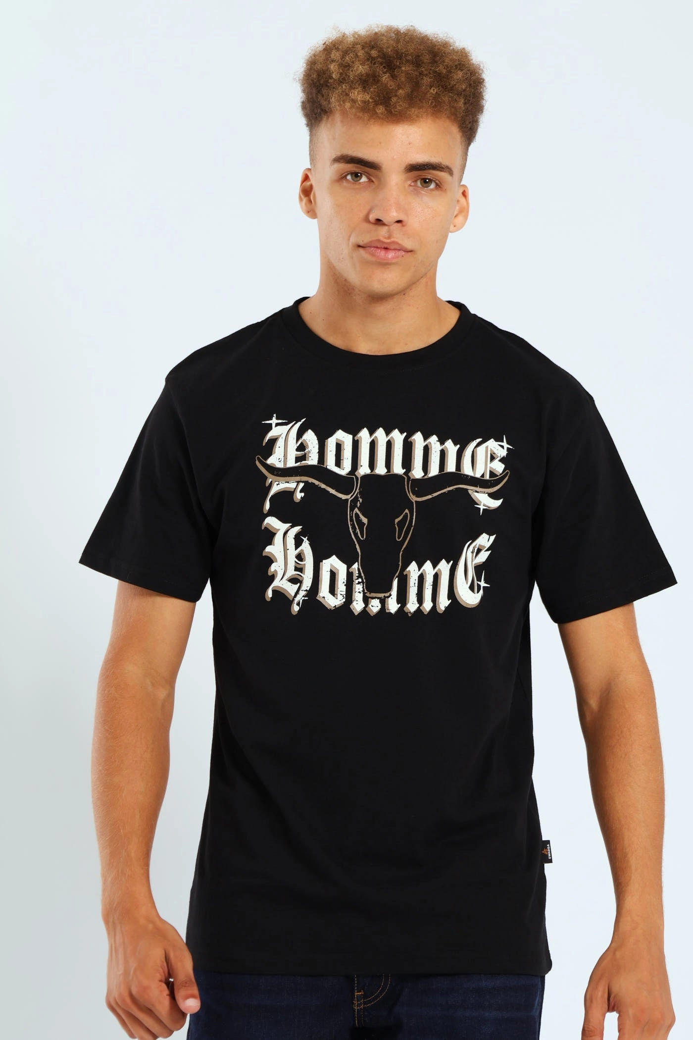 Basic Short Sleeve Print Tee - Black SoftenedTexturedWeave No Shrink Fabric