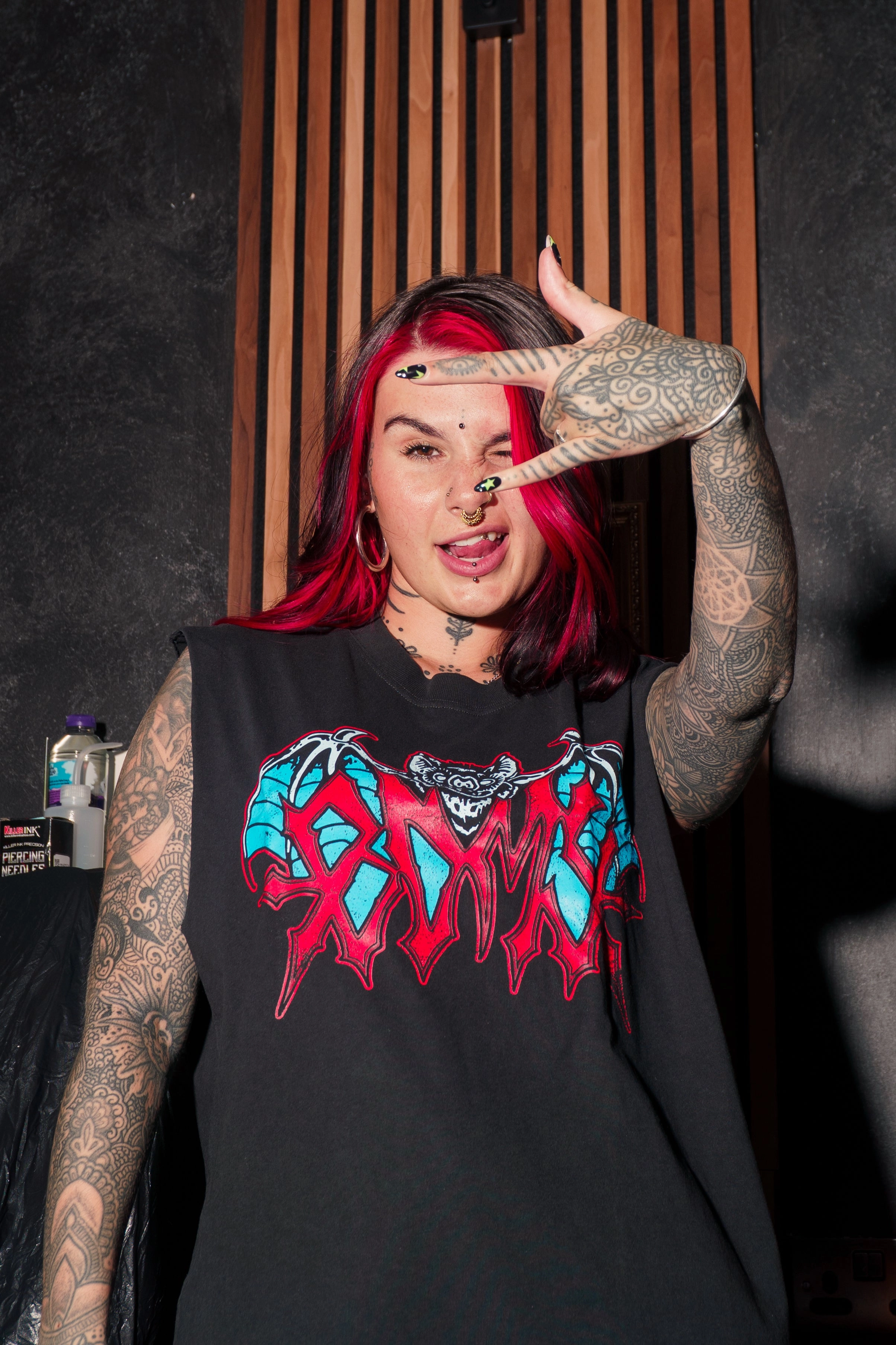 BDMY Bat Heavy Vest / Faded Black Lightweight Printed Hoodie