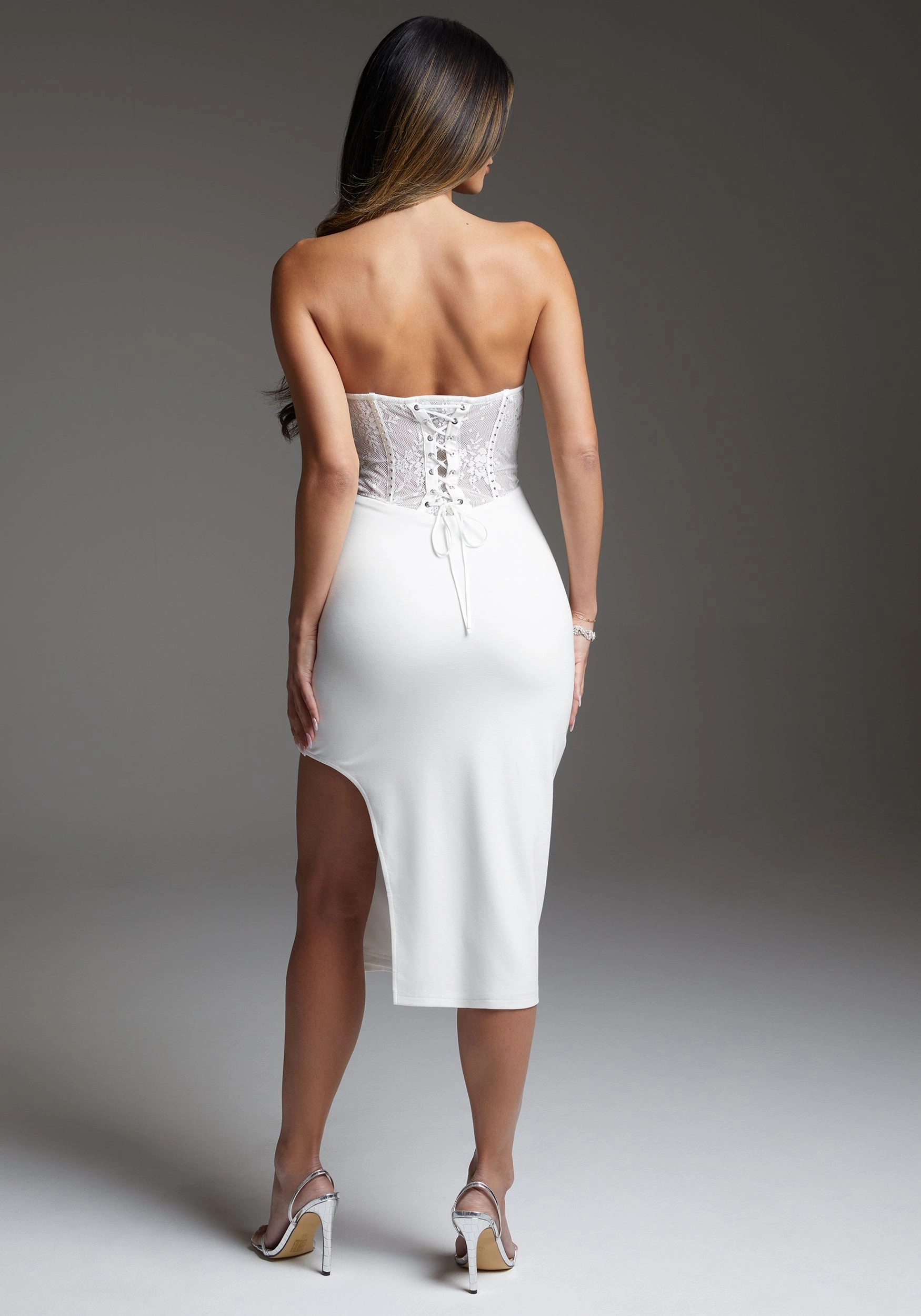 Pure Motion bebe Corset Midi Dress Embellished With Crystals by Swarovski