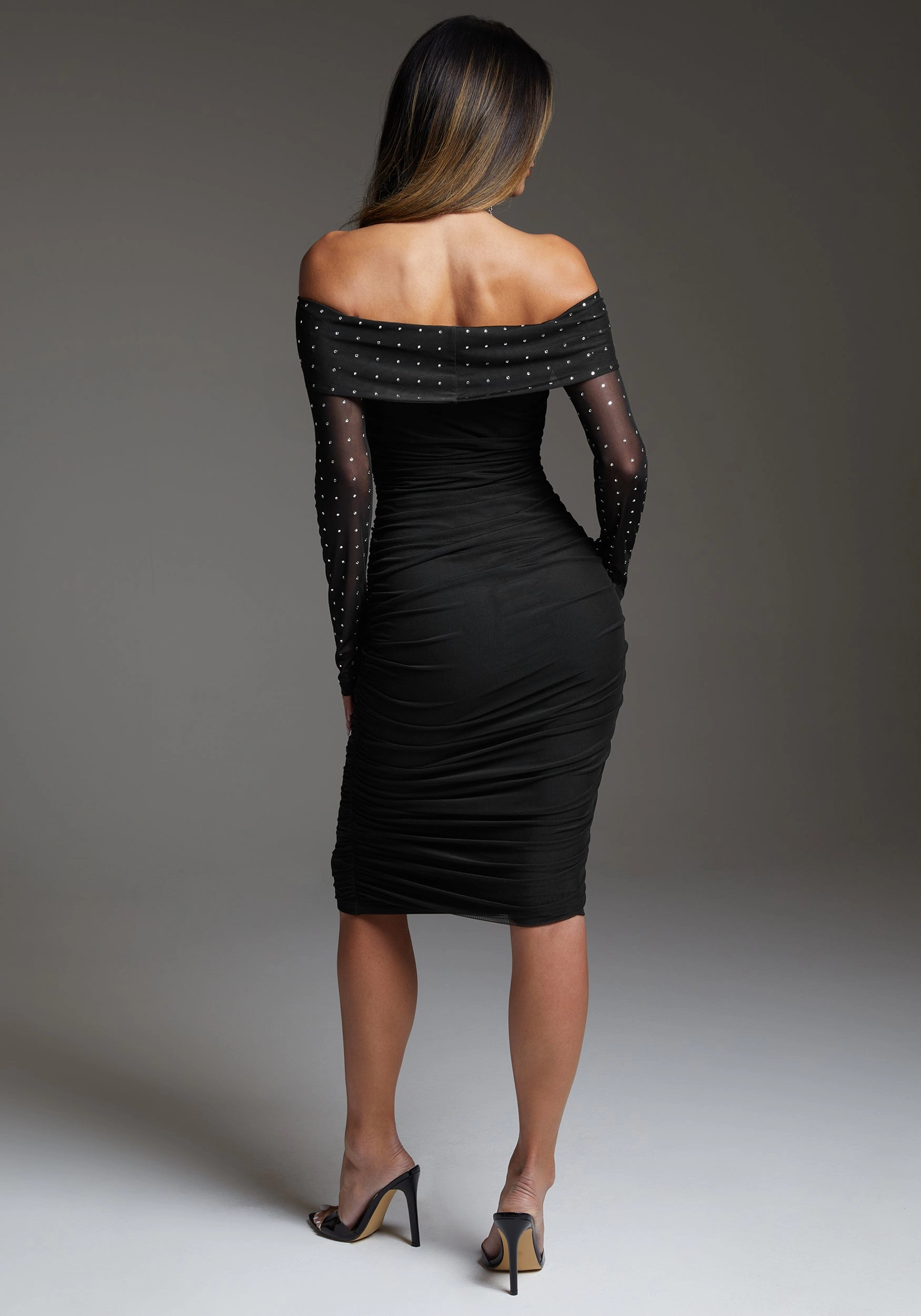bebe Off Shoulder Mesh Midi Dress Embellished With Crystals by Swarovski Grace Walk Sleek Vibe