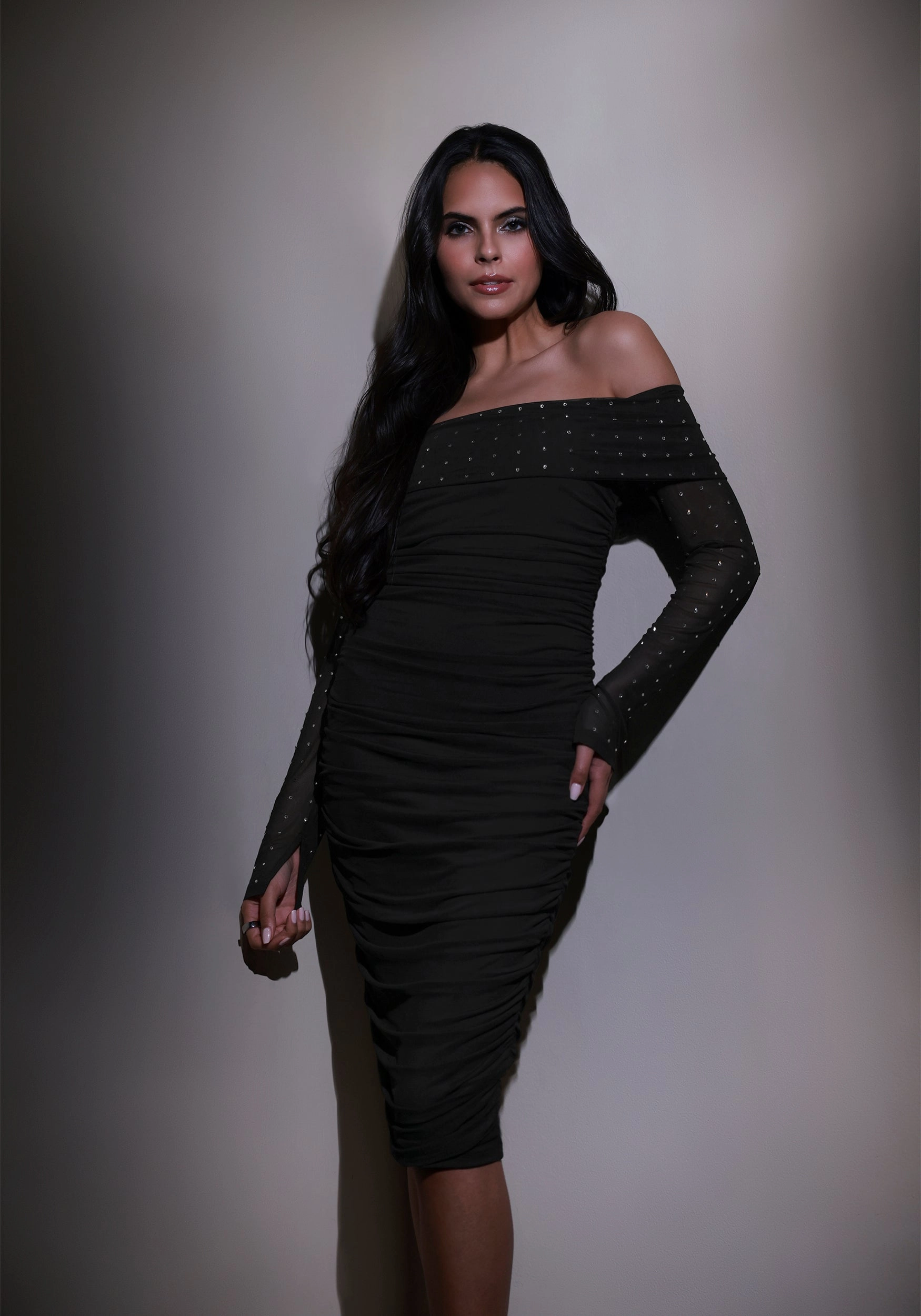 Vacation Vibes Light Shape bebe Off Shoulder Mesh Midi Dress Embellished With Crystals by Swarovski