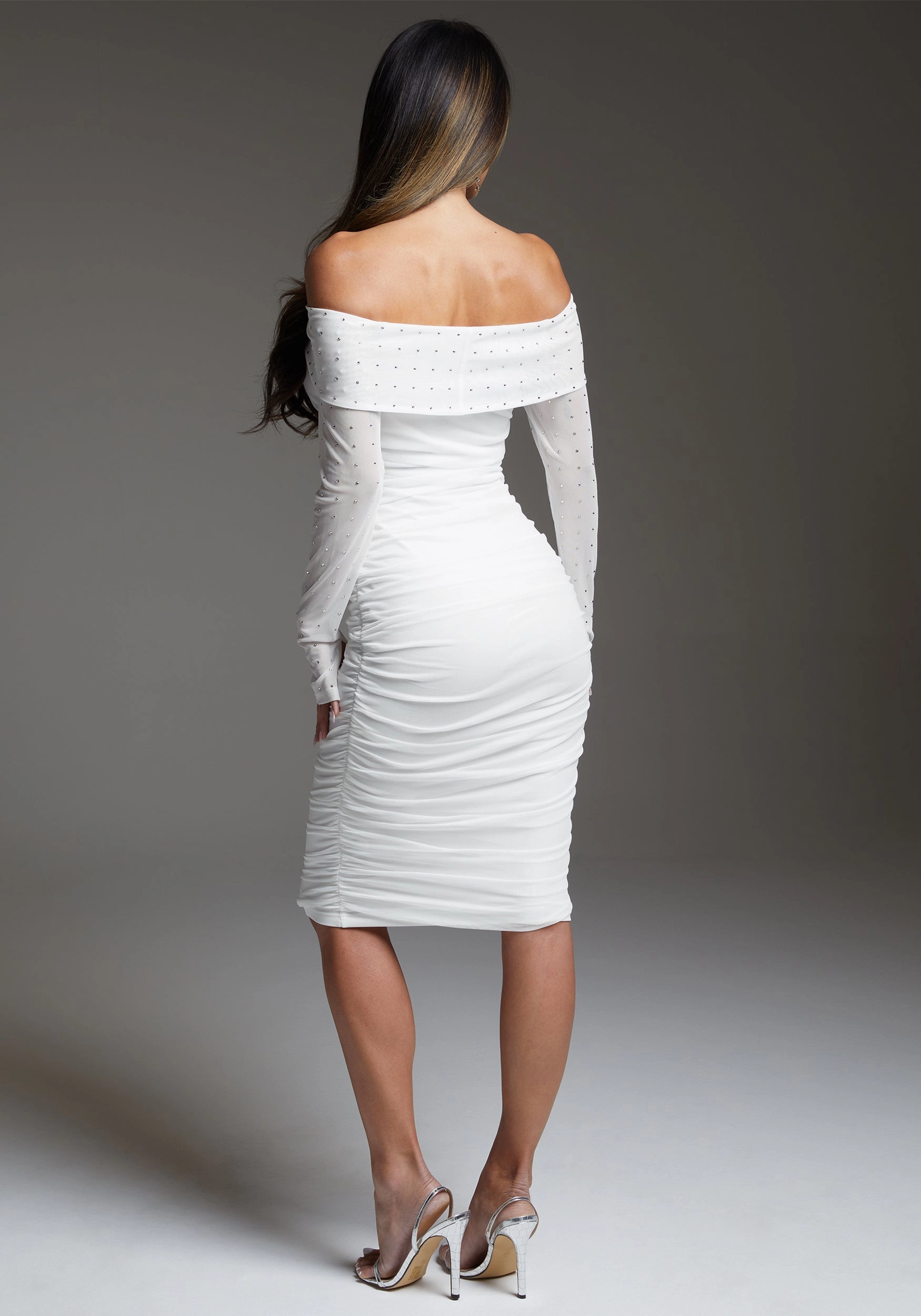 Event Mood plus-size bebe Off Shoulder Mesh Midi Dress Embellished With Crystals by Swarovski