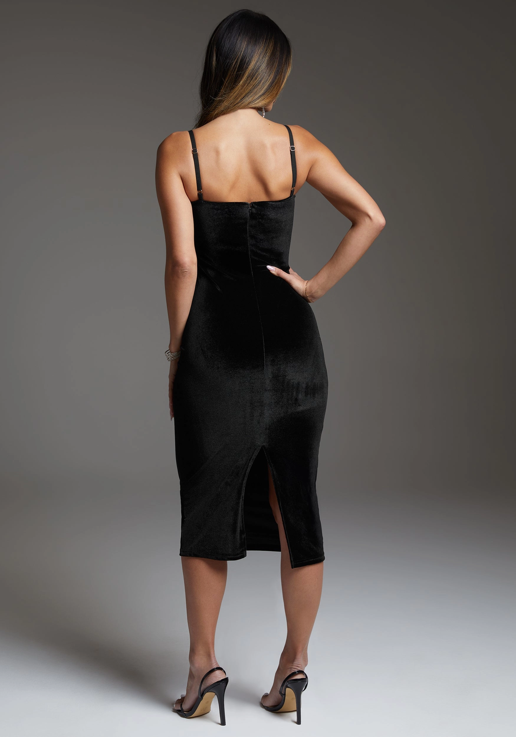 museum visit Crisp Look bebe Velvet Midi Dress Embellished With Crystals by Swarovski