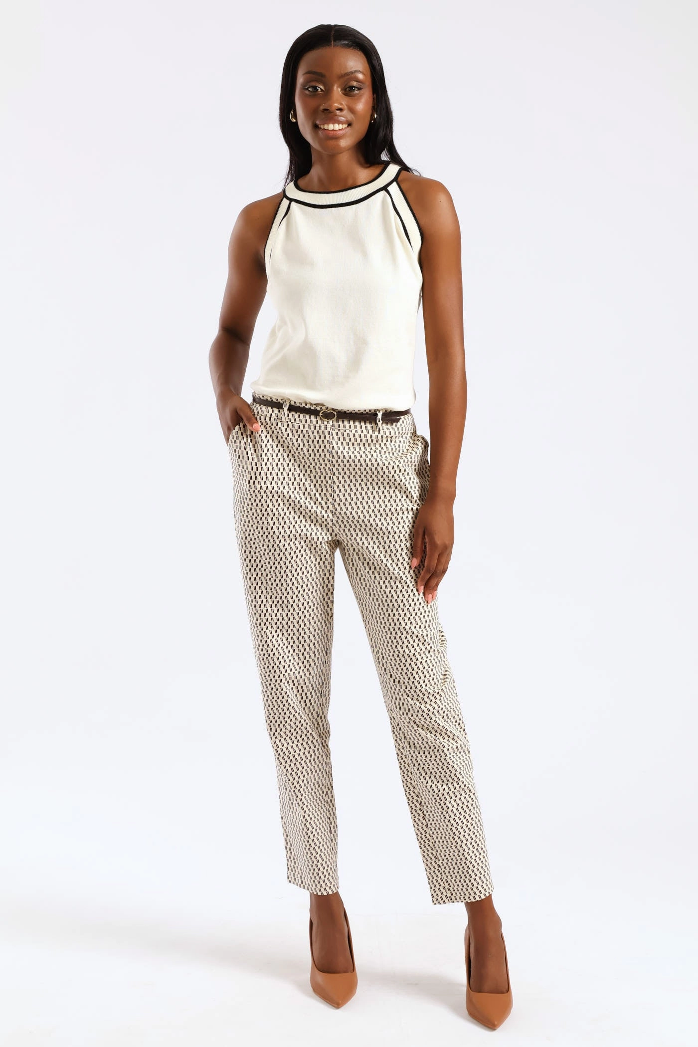 Stretchable Belted Geo Chino Pant - Cream