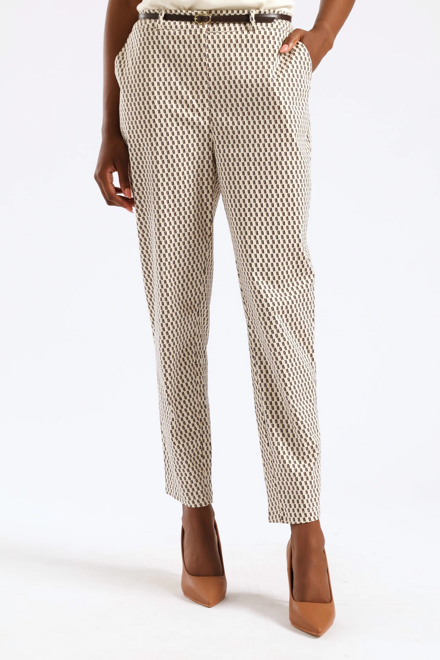 Belted Geo Chino Pant - Cream Mesh Panel
