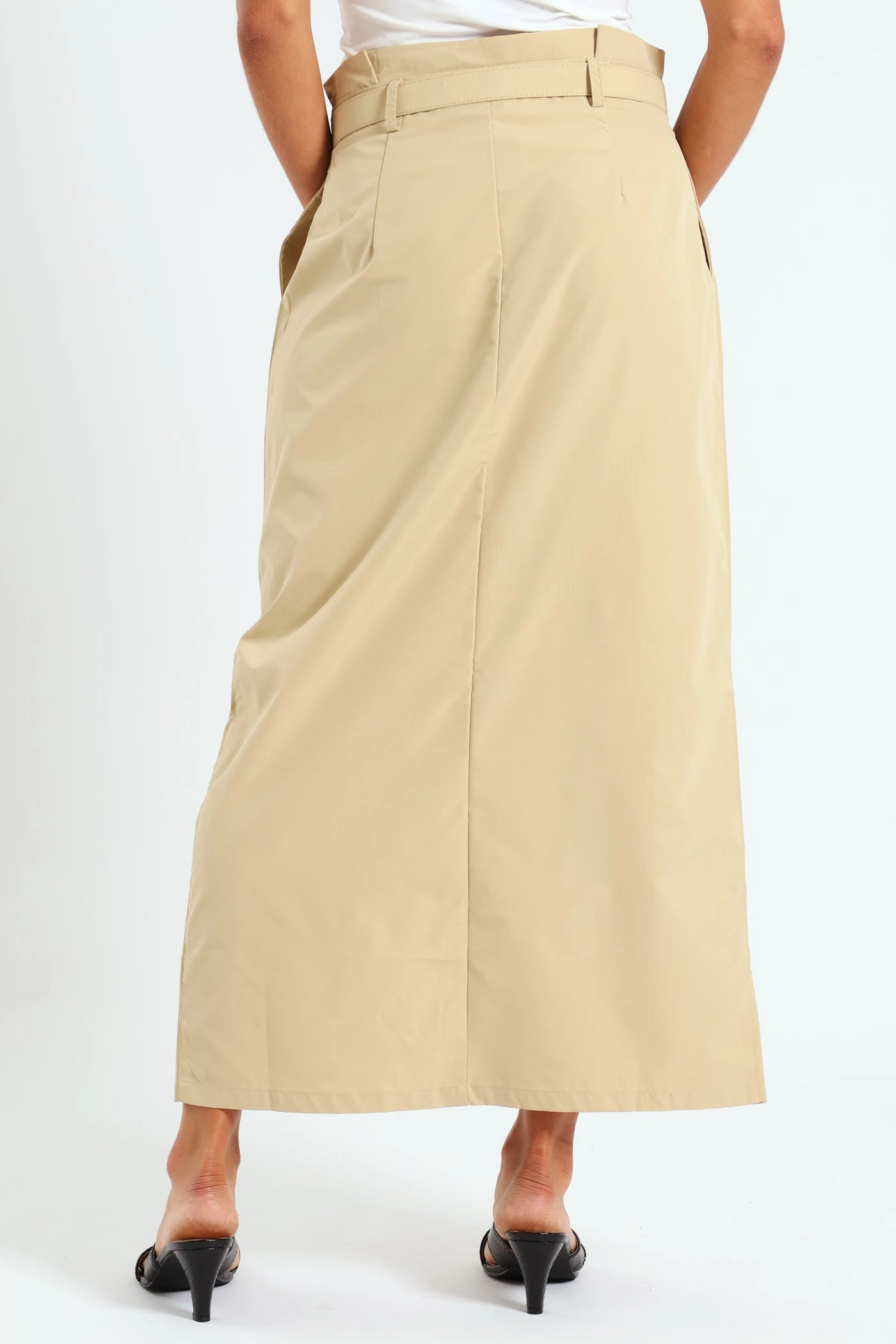 Belted Pleated Paperbag Maxi Pencil Skirt With Slit - Khaki Stylish Vibe Fold Over Detail