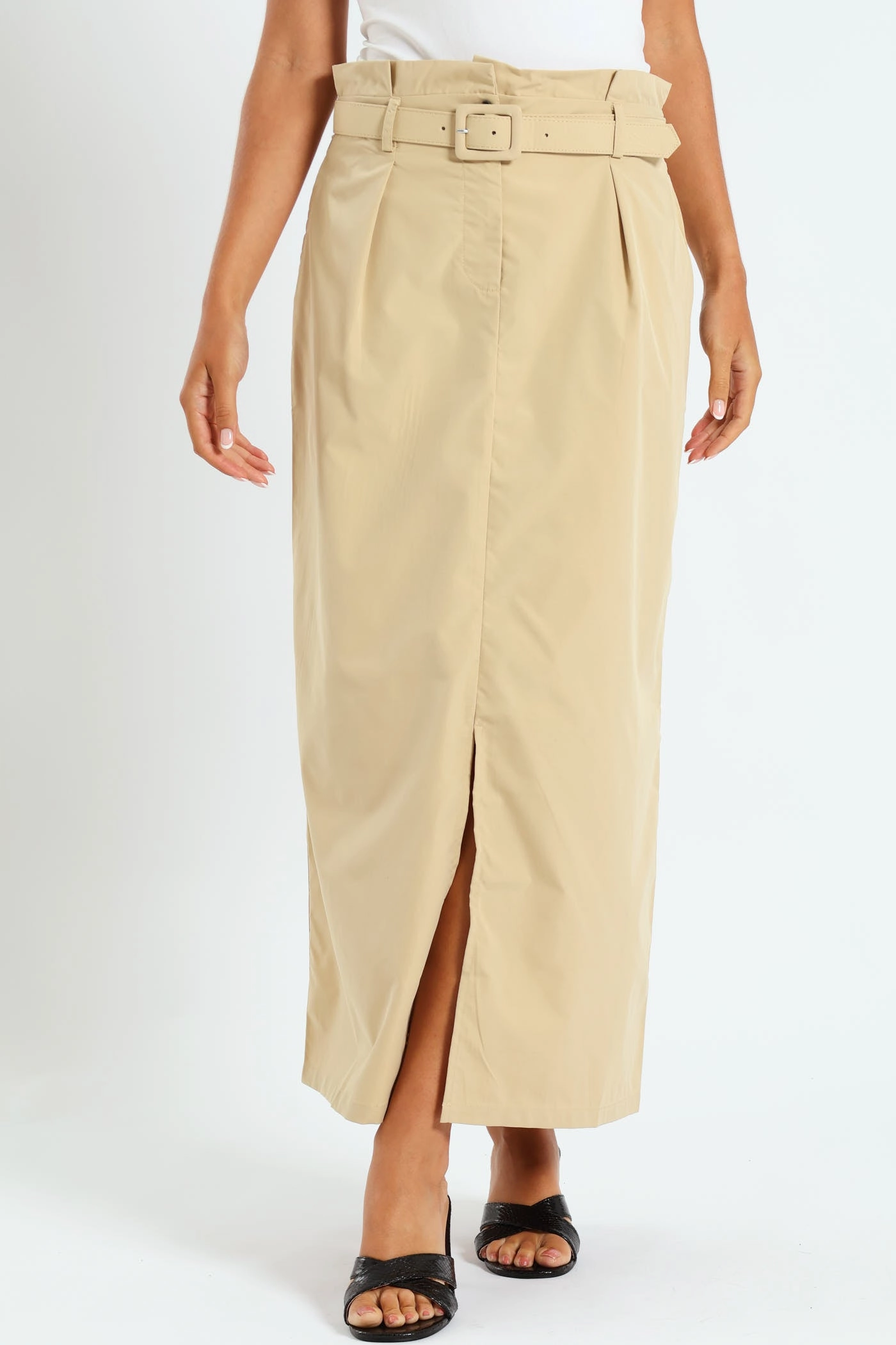 Sleek Detail Belted Pleated Paperbag Maxi Pencil Skirt With Slit - Khaki