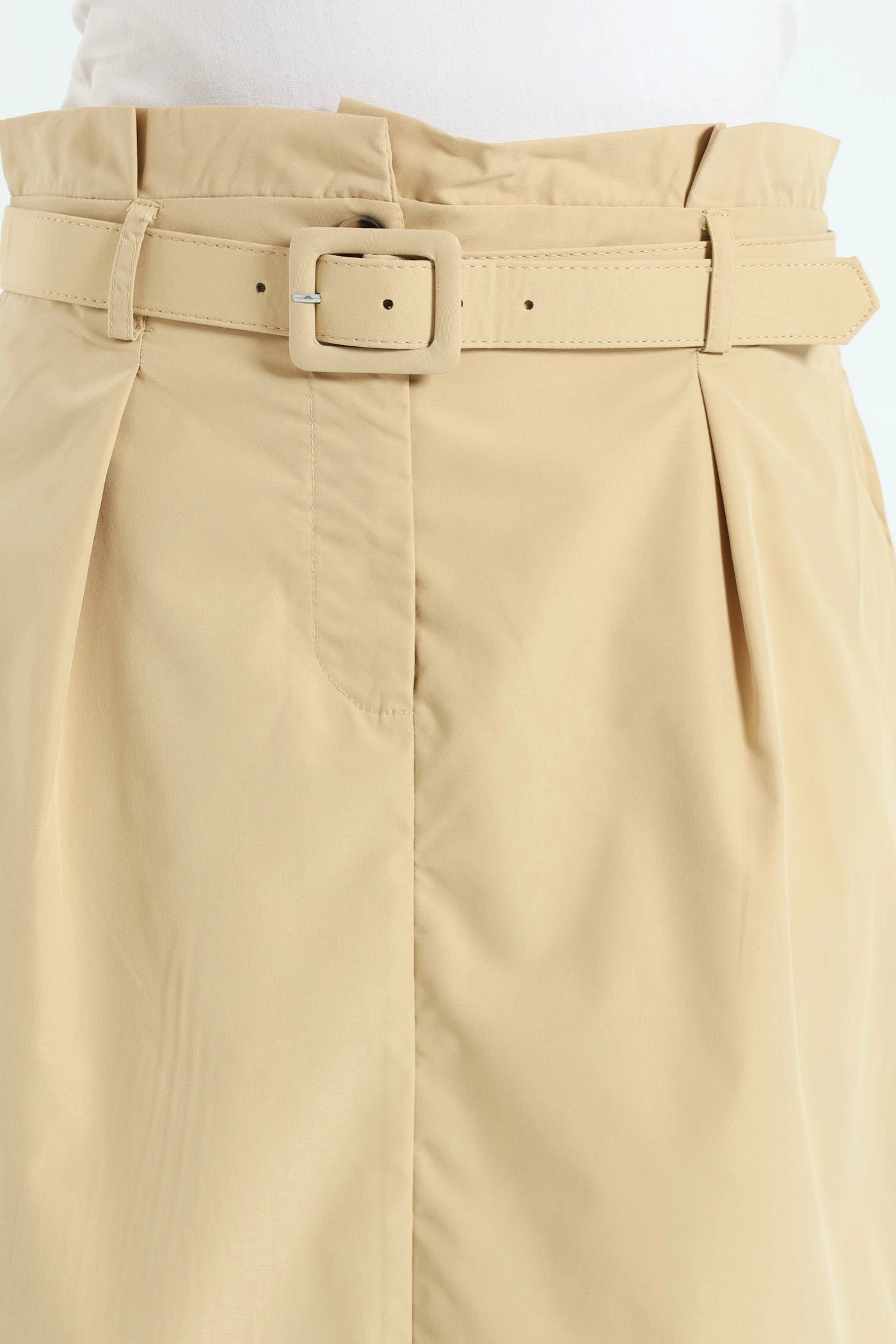 Belted Pleated Paperbag Maxi Pencil Skirt With Slit - Khaki Flow Look Minimal Vibes