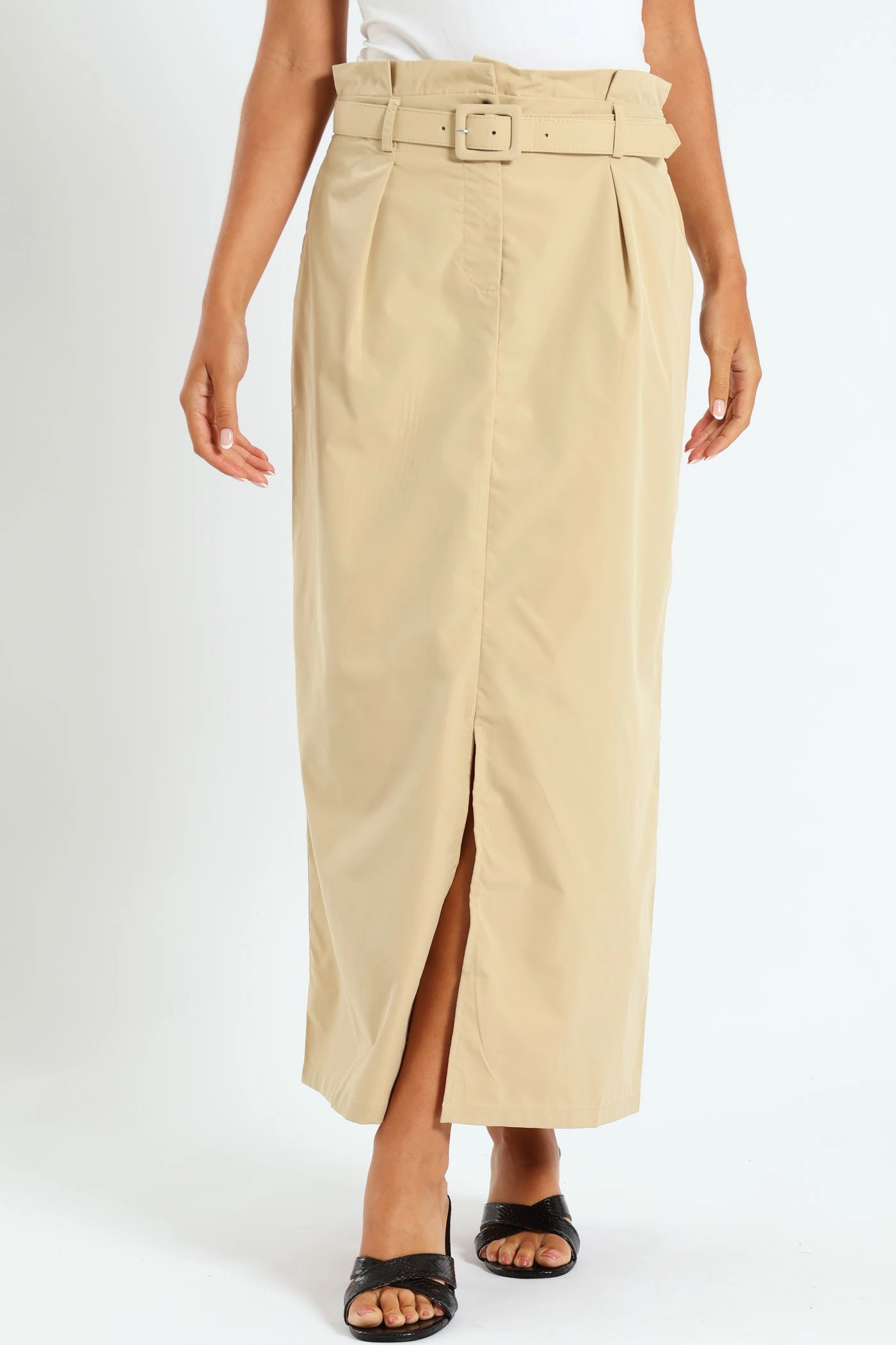Tagless label Belted Pleated Paperbag Maxi Pencil Skirt With Slit - Khaki