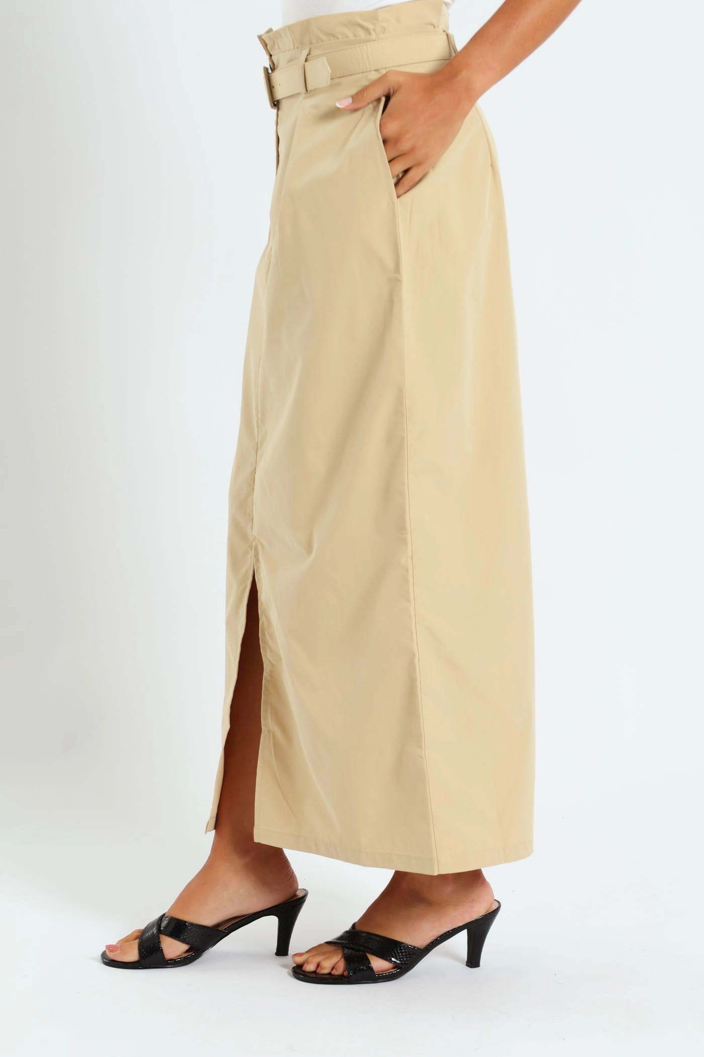 Runway Inspired No Ride Up Belted Pleated Paperbag Maxi Pencil Skirt With Slit - Khaki
