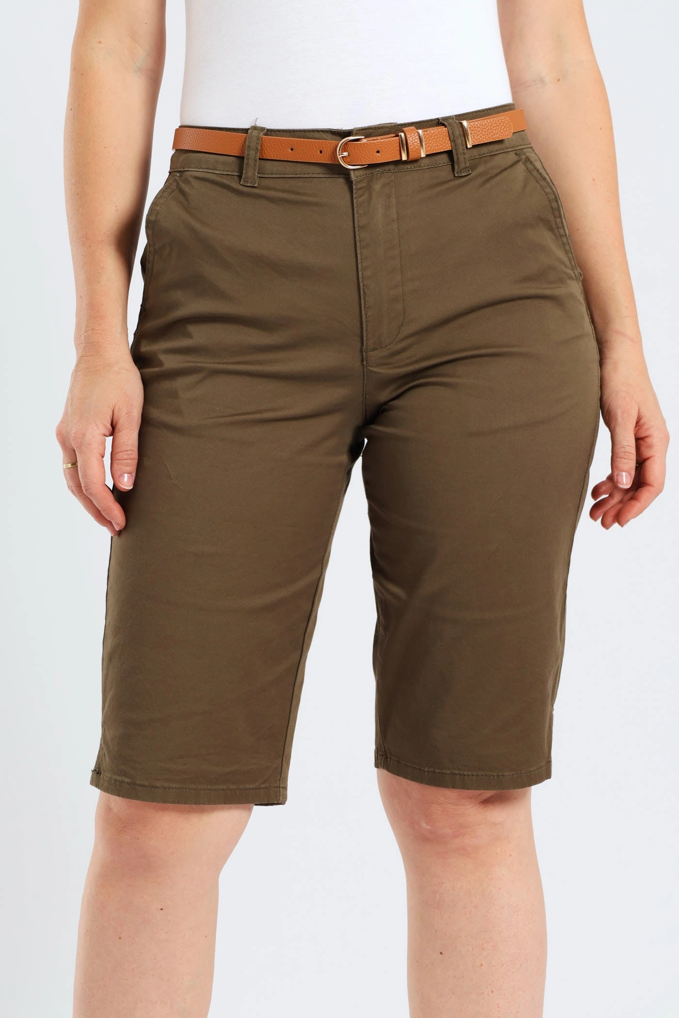 Flats Belted Stretch Sateen Chino Bermuda Shorts - Light Fatigue
