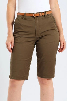 Flats Belted Stretch Sateen Chino Bermuda Shorts - Light Fatigue