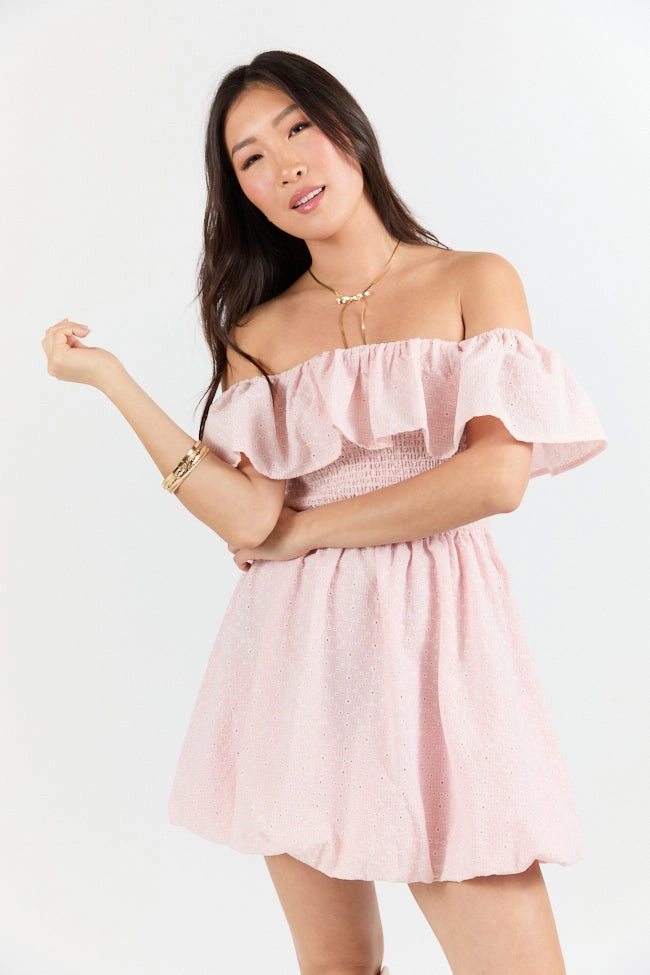 Best Reflection Blush Off The Shoulder Eyelet Gingham Dress FINAL SALE Understated Elegance