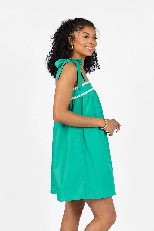 Smart Lines relaxed shape Better This Way Green Tie Shoulder Stitched Trim Mini Dress FINAL SALE