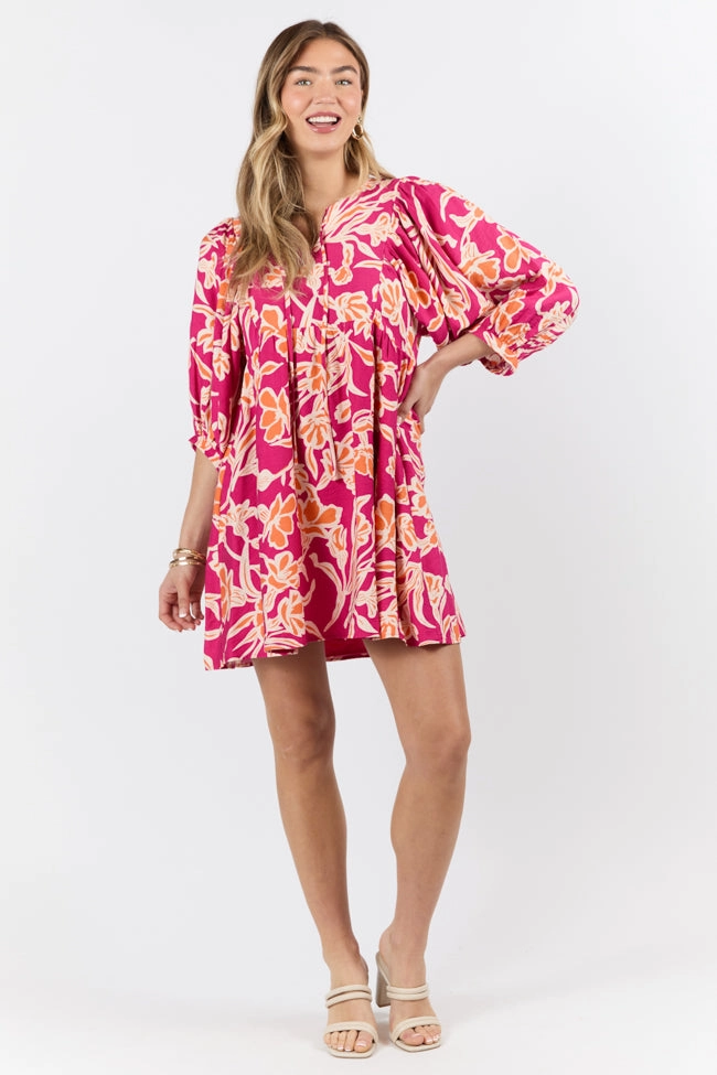 Versatile and Comfortable ruffle trim Keep The Flowers Fuchsia Floral Print Long Sleeve Mini Dress FINAL SALE