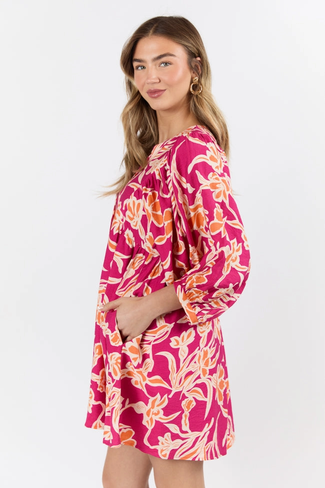 Keep The Flowers Fuchsia Floral Print Long Sleeve Mini Dress FINAL SALE Side-Zip