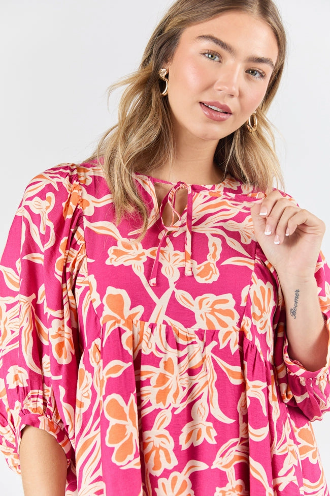 Keep The Flowers Fuchsia Floral Print Long Sleeve Mini Dress FINAL SALE Panelled-Design