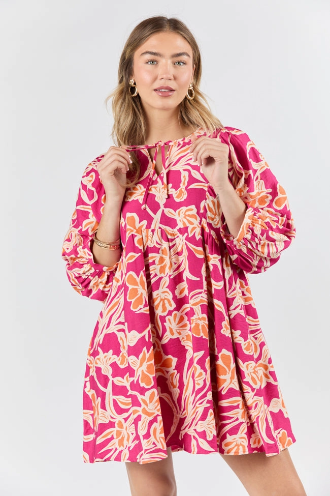 Life Soft Keep The Flowers Fuchsia Floral Print Long Sleeve Mini Dress FINAL SALE