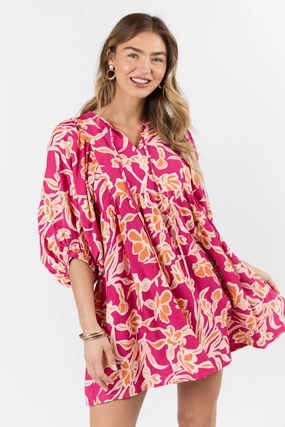 Breezy Fit Keep The Flowers Fuchsia Floral Print Long Sleeve Mini Dress FINAL SALE