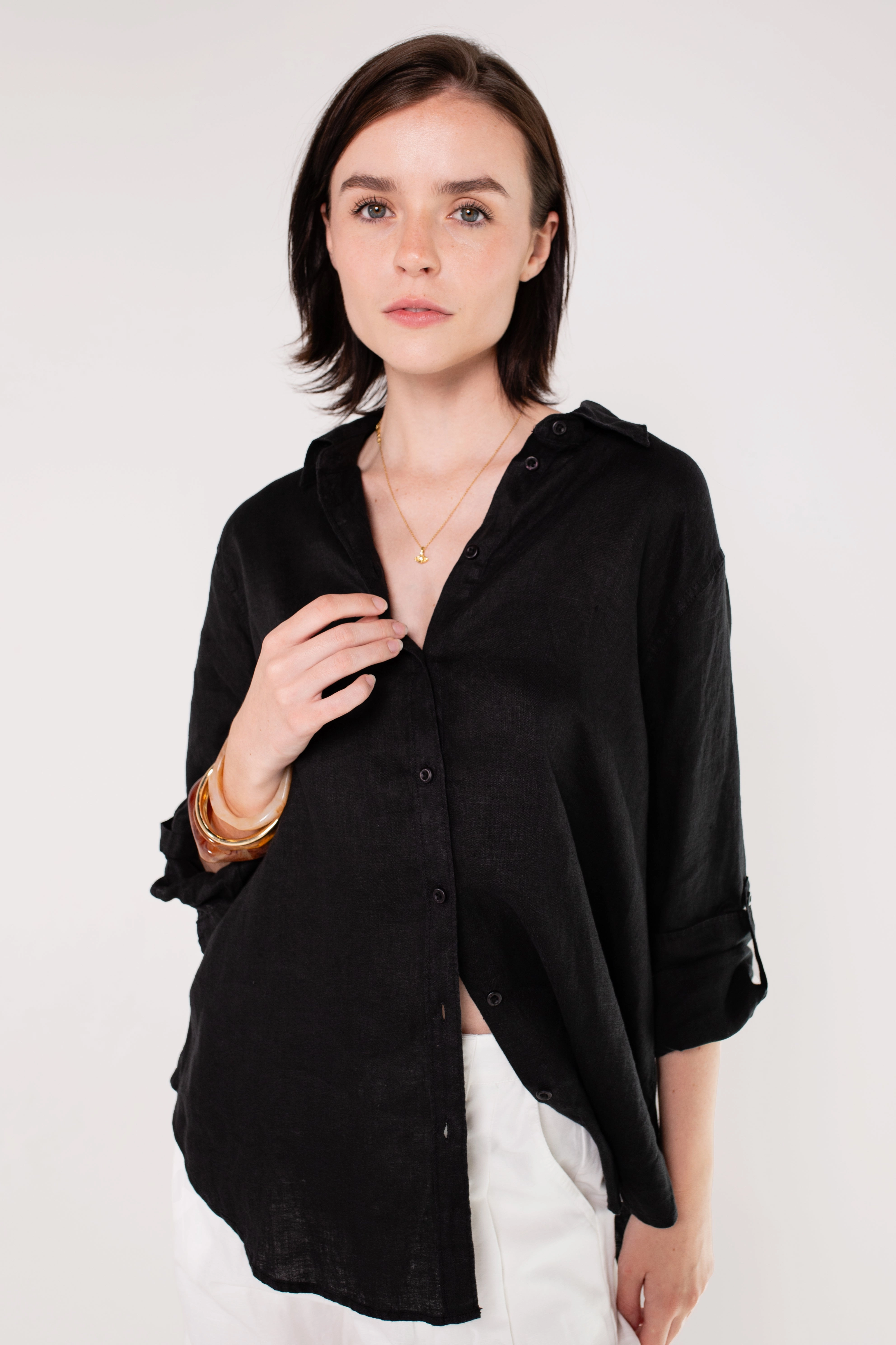 Black Embroidered Palm Boyfriend Linen Shirt Wrinkle Free Care Dynamic Design