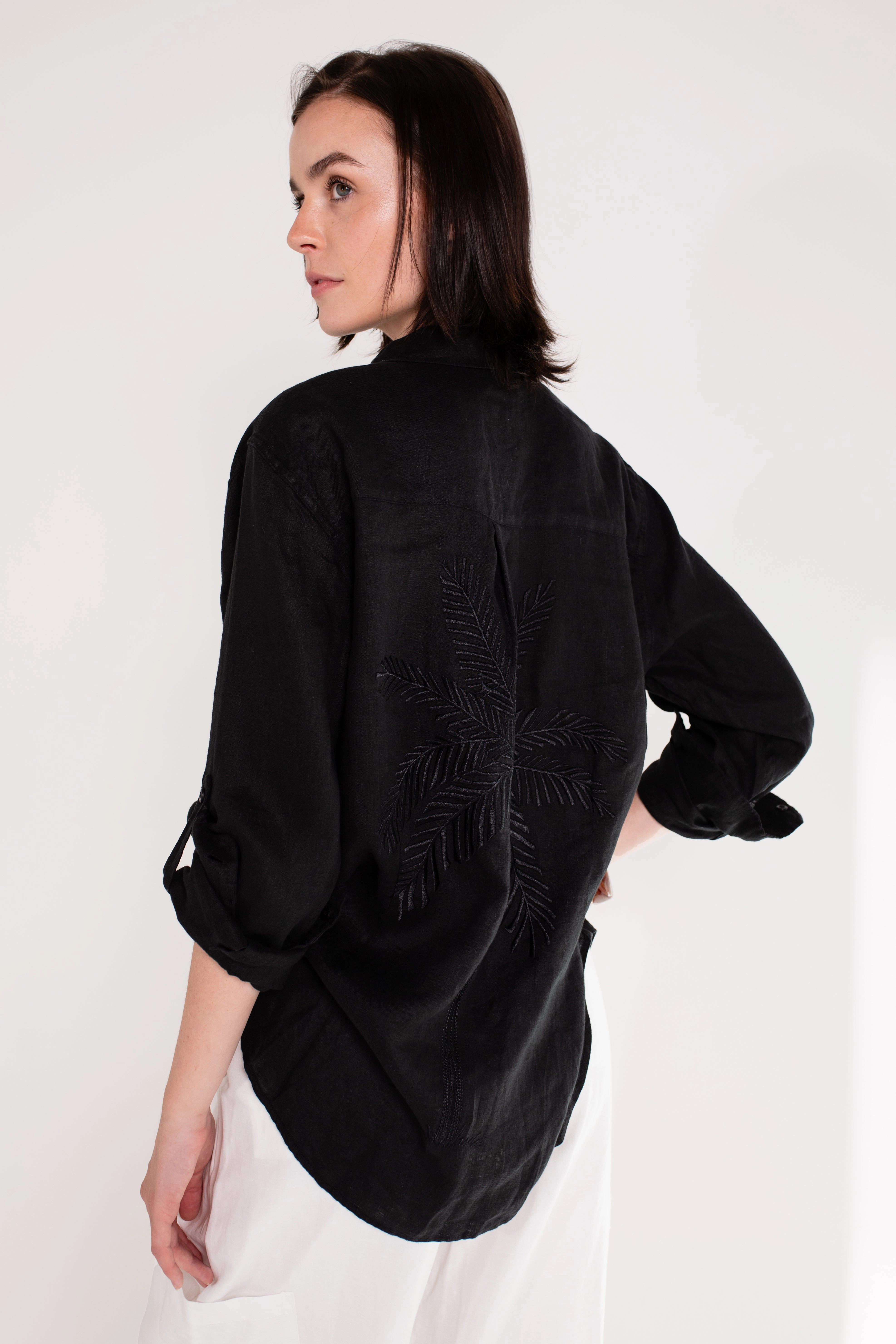 Slim Silhouette Black Embroidered Palm Boyfriend Linen Shirt