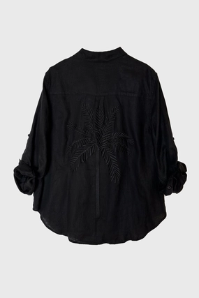 Black Embroidered Palm Boyfriend Linen Shirt Oversized Fit Striped style