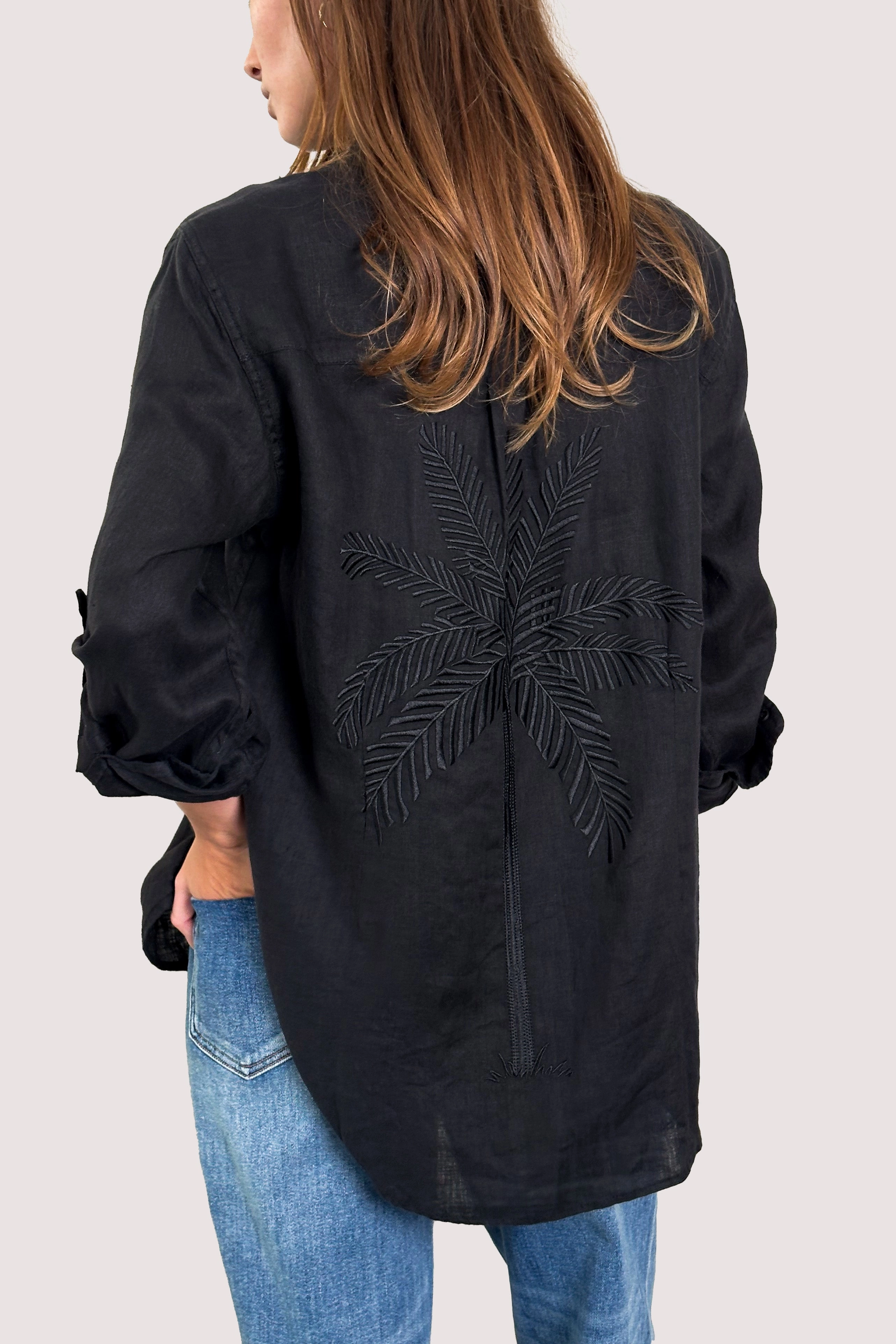 Black Embroidered Palm Boyfriend Linen Shirt Festival Fashion