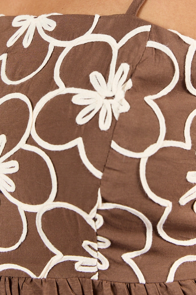 Comfy Comfort Subtle Finish Blooming Confidence Brown Embroidered Floral Dress FINAL SALE
