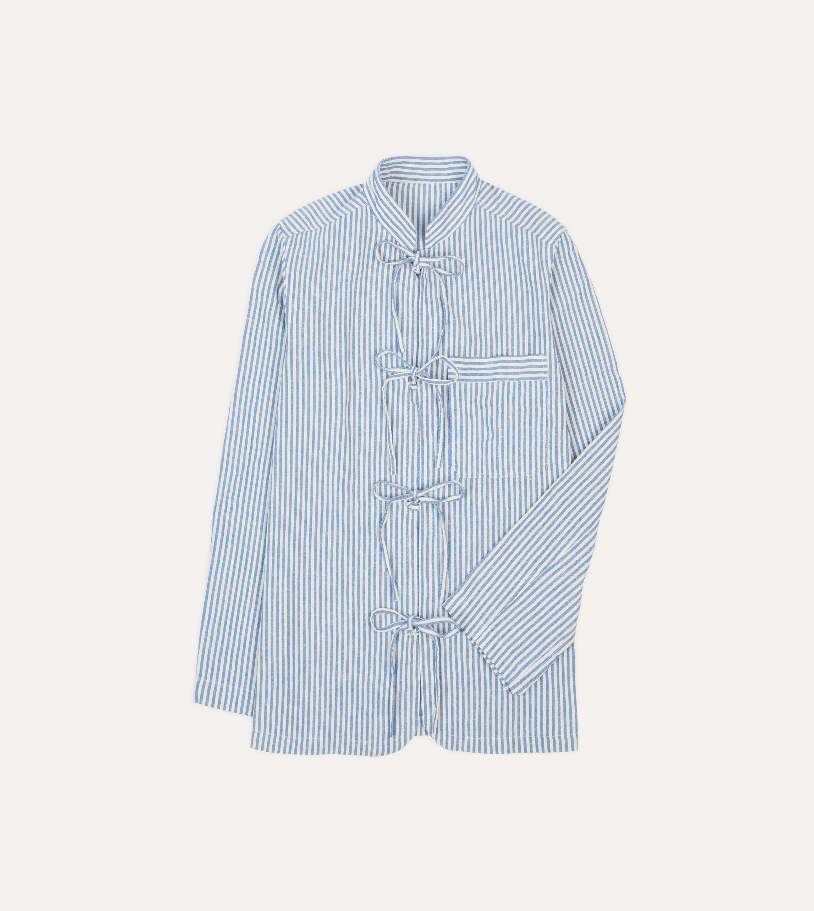 Round Collar Pocket Detail Blue and Ecru Stripe Tie Front Lightweight Overshirt