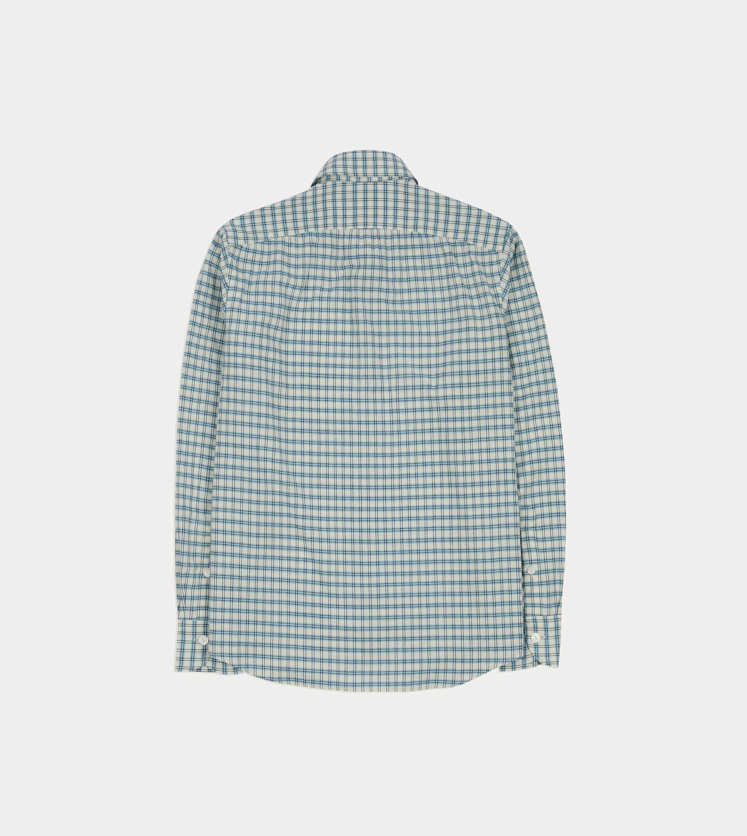 Stretch Material Retro Vibe Blue and White Madras Check Cotton Long Point Collar Shirt