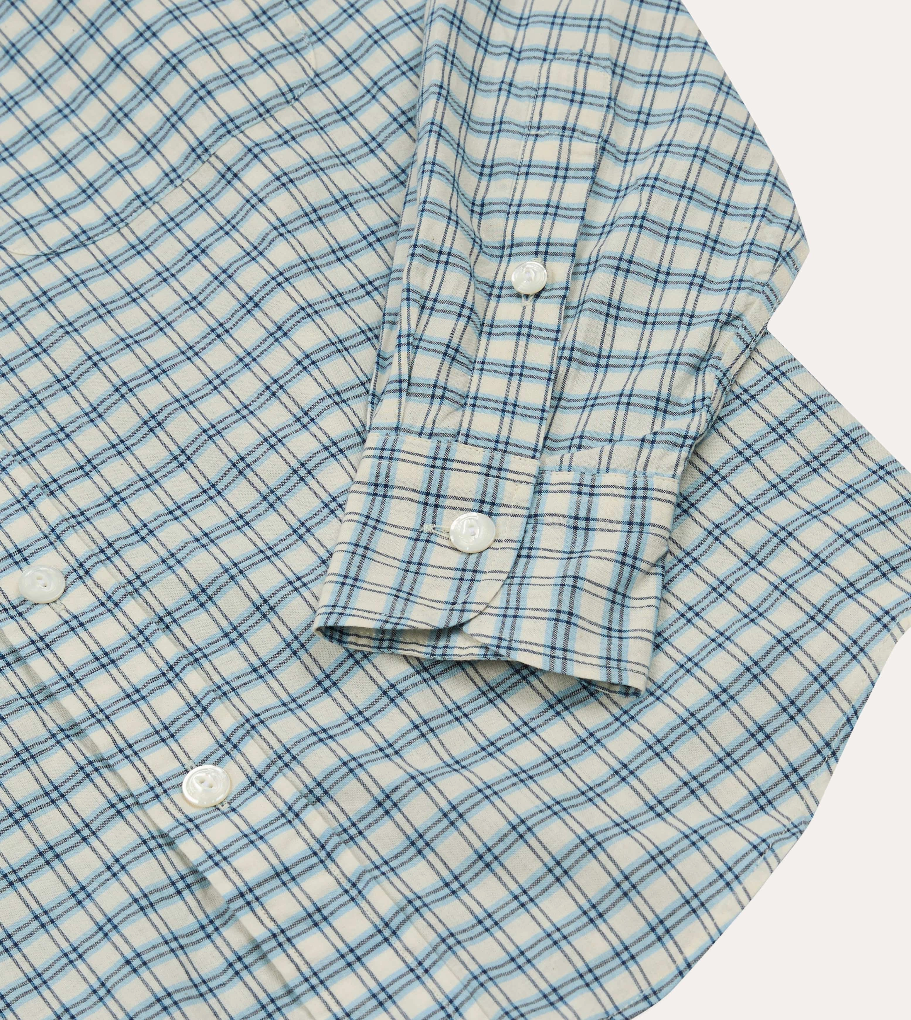 Travel Essential Blue and White Madras Check Cotton Long Point Collar Shirt