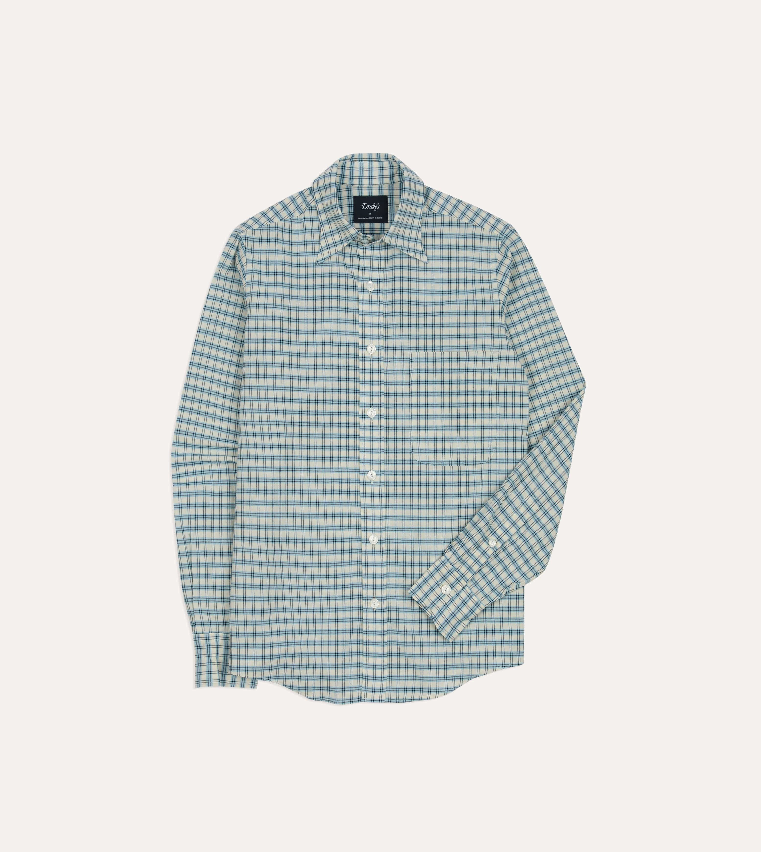 Blue and White Madras Check Cotton Long Point Collar Shirt Cocktail Event