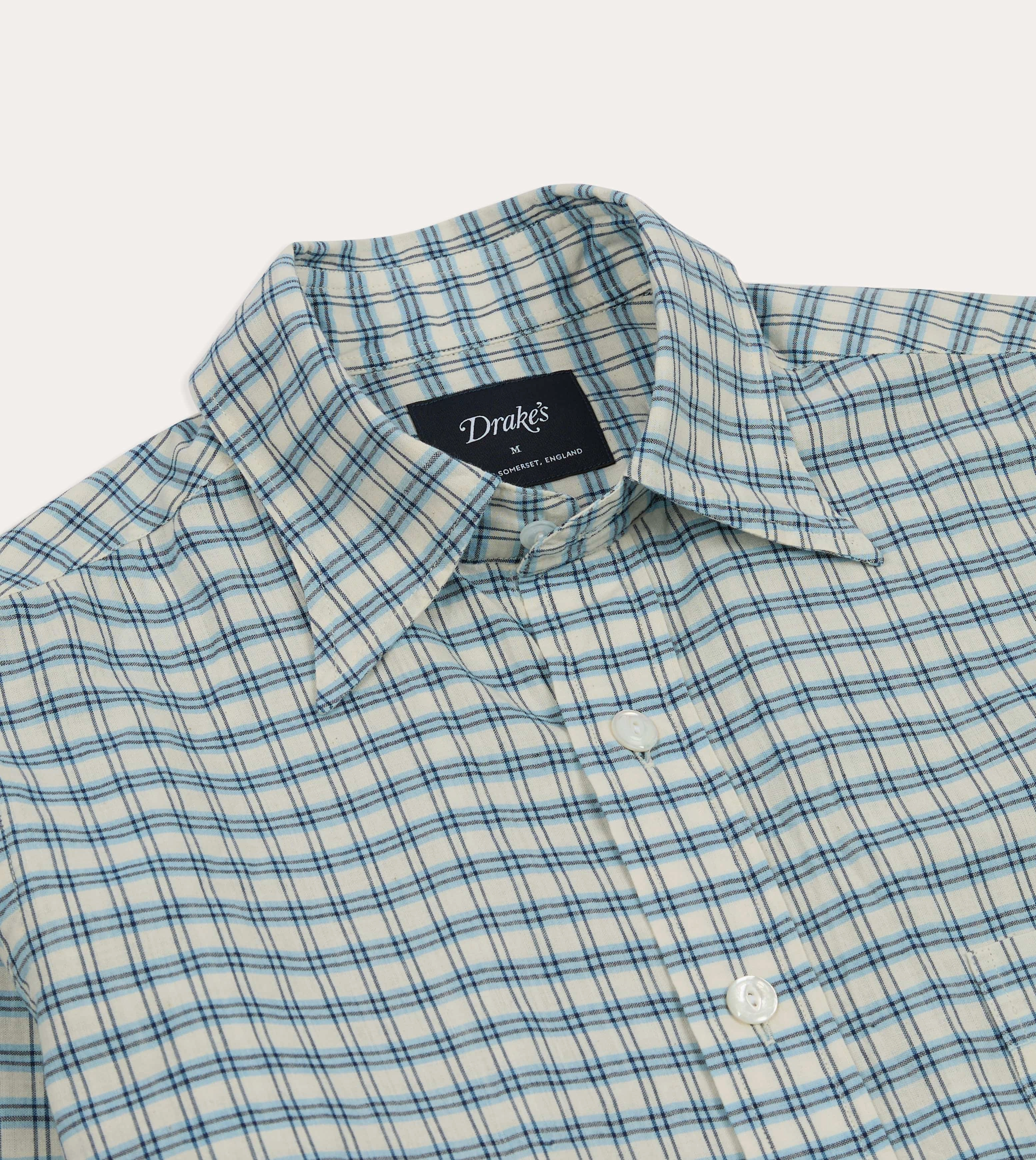 Blue and White Madras Check Cotton Long Point Collar Shirt Eco-Friendly Fabric Trendy Fashion