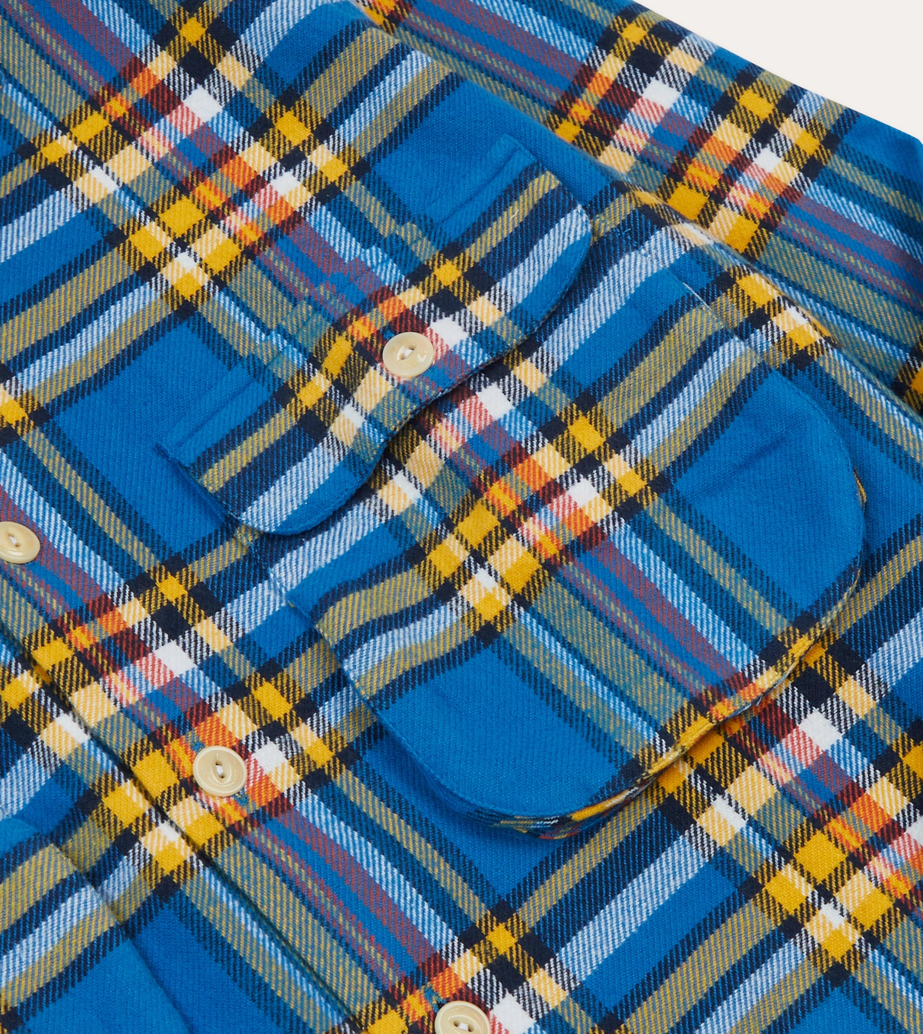 Glossy Texture Abrasion Resistant Edging Blue and Yellow Check Brushed Cotton Two-Pocket Work Shirt