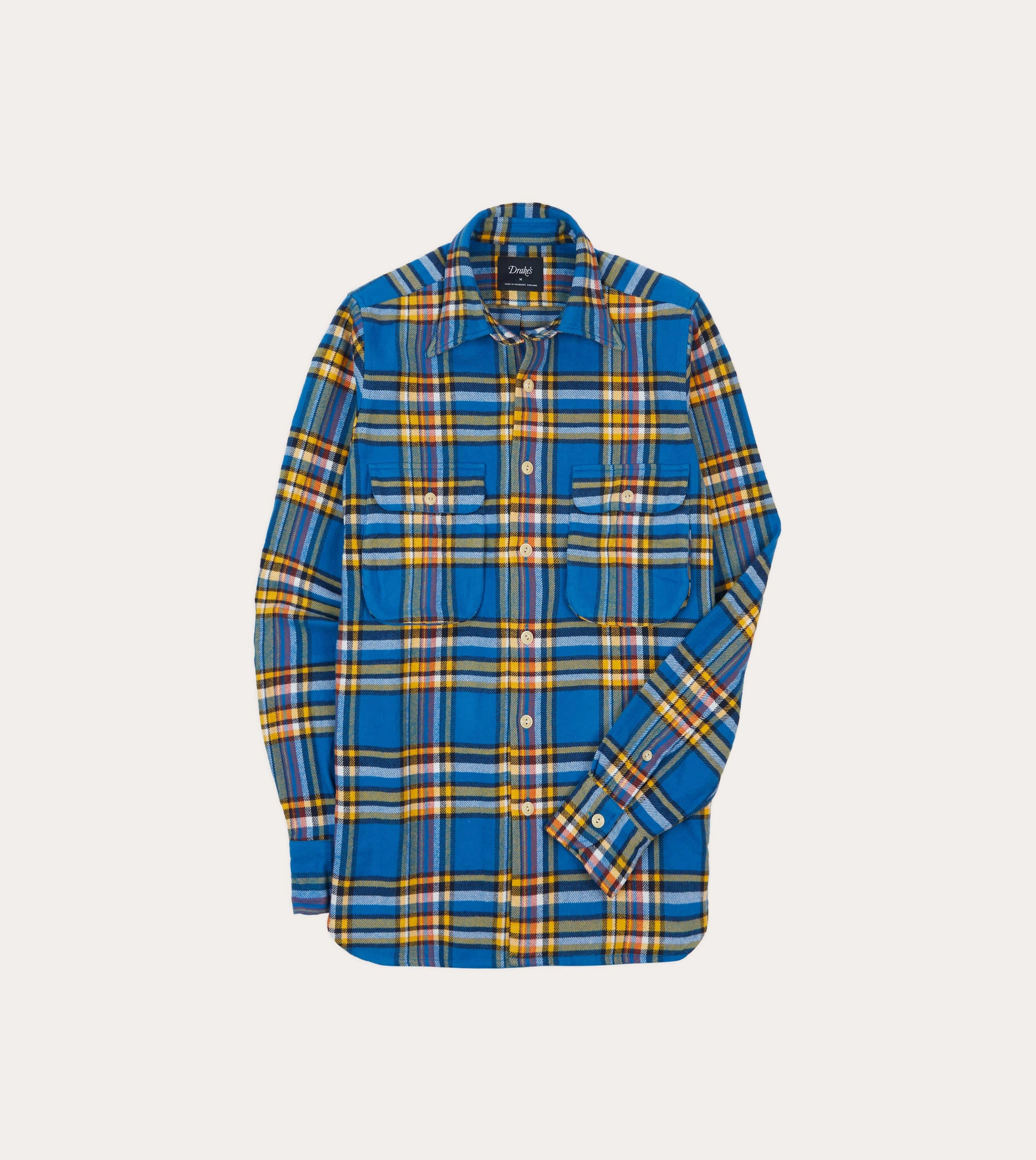 Tagless Labeling Casual Sophistication Blue and Yellow Check Brushed Cotton Two-Pocket Work Shirt