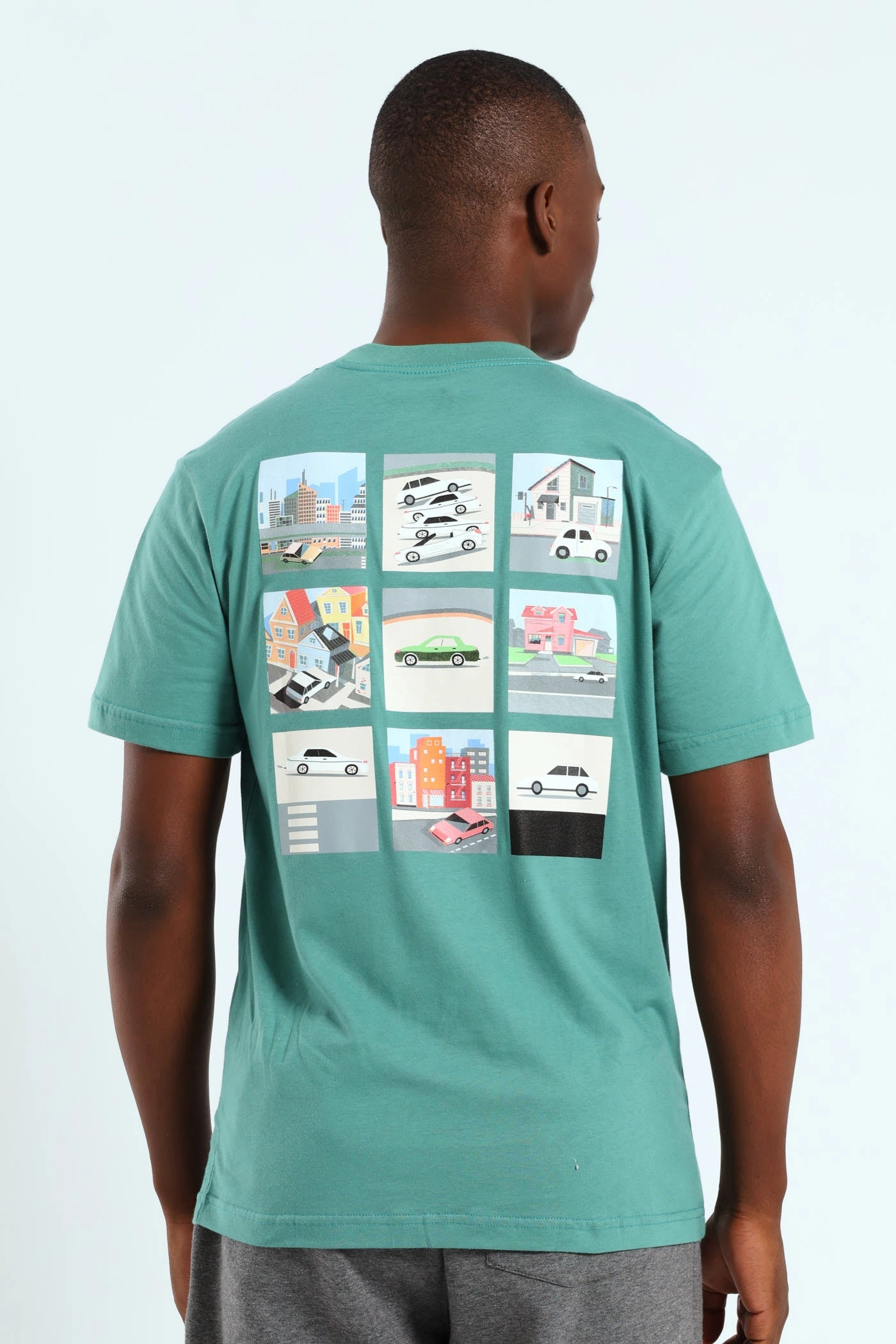 Block Car Front & Back Printed Tee - Teal Fade Resistant Dye Easy-to-Match