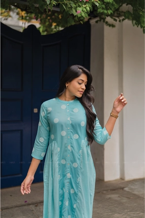 Fog Blue with Mist Pleats printed Viscose A-line Dress Balanced Shape