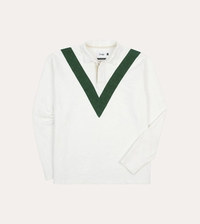 Ecru and Green Chevron Cotton Rugby Shirt Weekend Casual Textured Finish