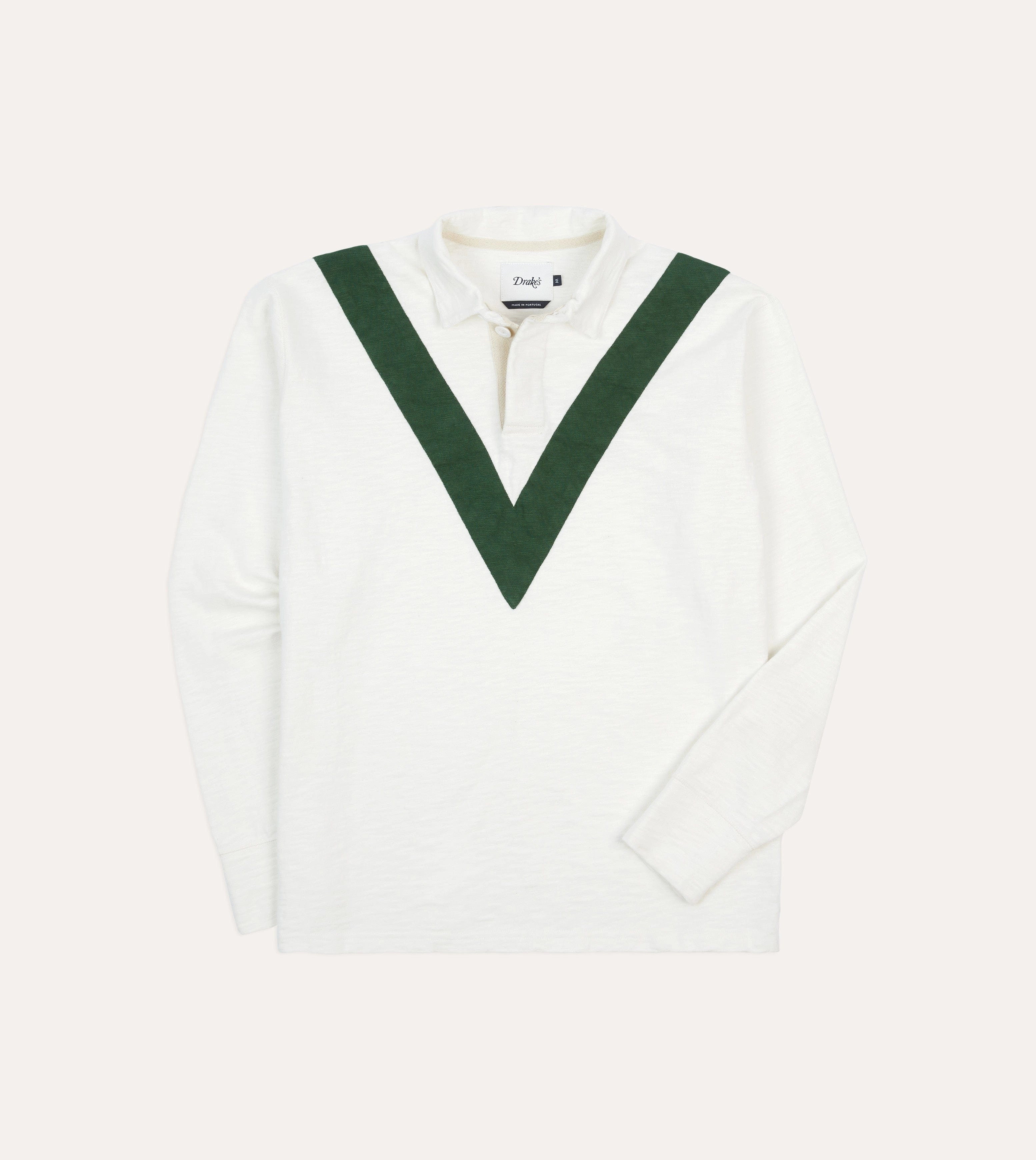 Ecru and Green Chevron Cotton Rugby Shirt Weekend Casual Textured Finish