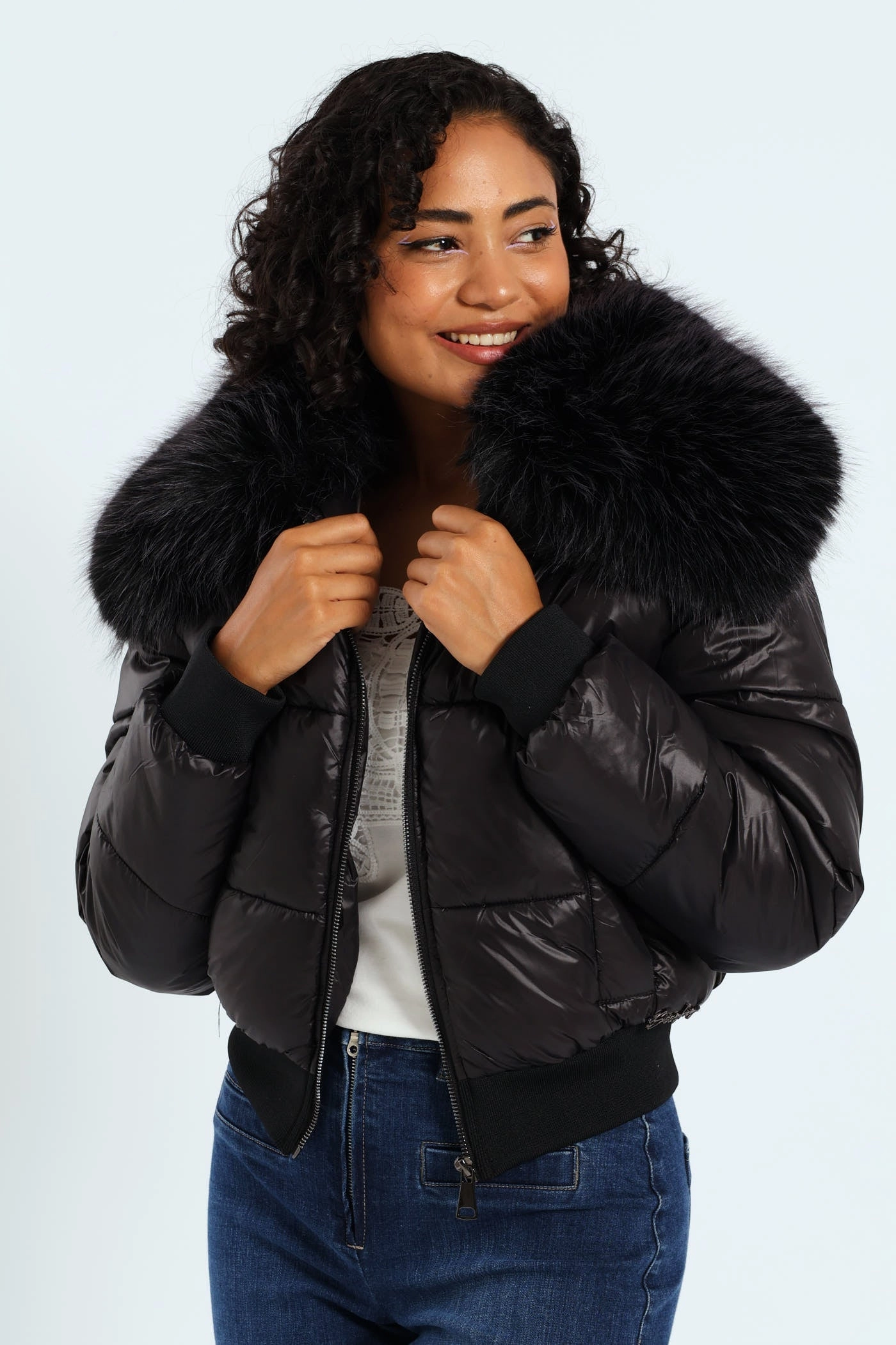 Temperature Regulating Membrane Day To Night Roll With It Puffer Jacket With Fur Collar - Black