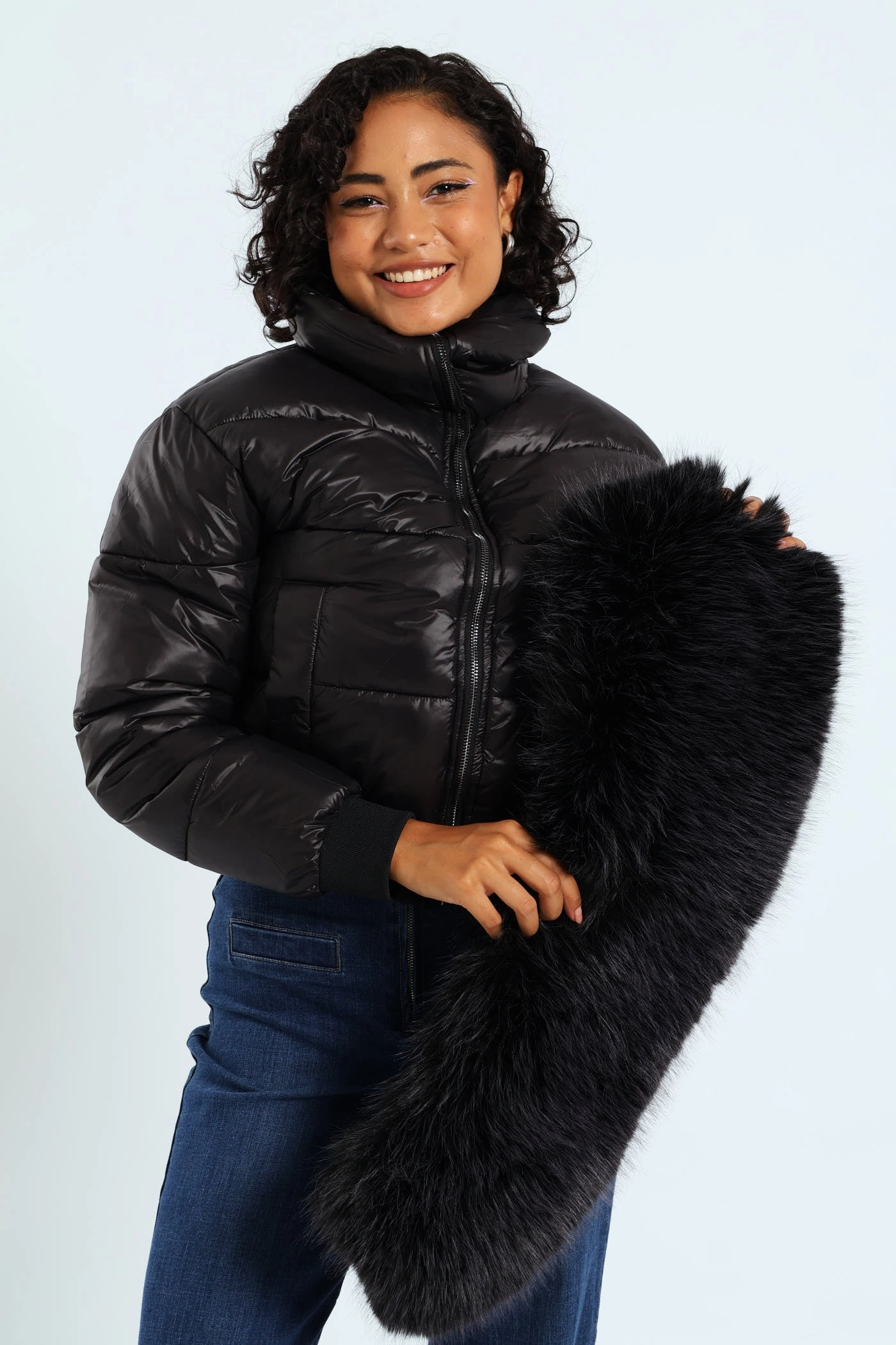 Roll With It Puffer Jacket With Fur Collar - Black Flexible Armholes Soft touch finish