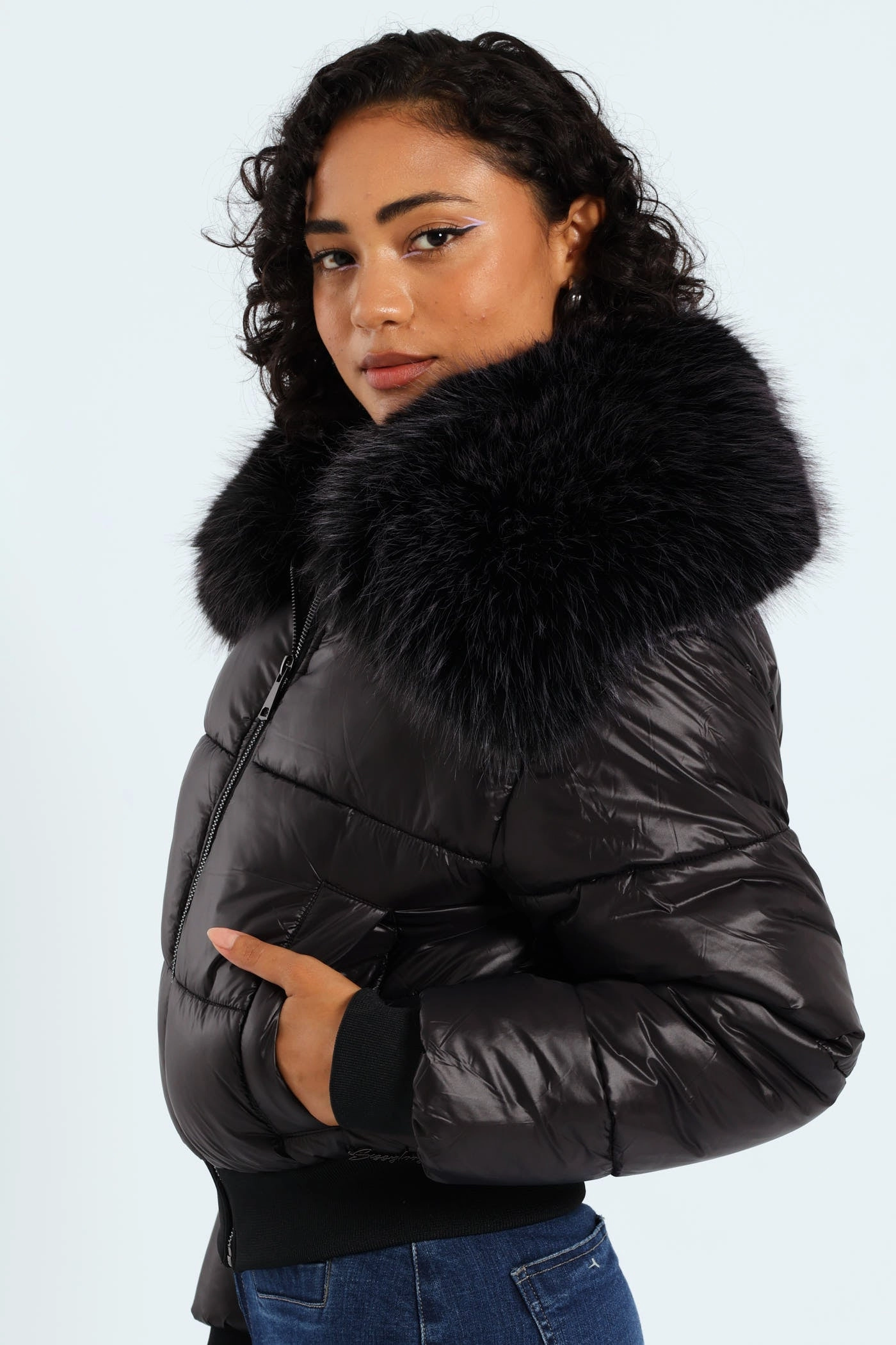Wind Resistant Coating Stylish Outer Layer Roll With It Puffer Jacket With Fur Collar - Black