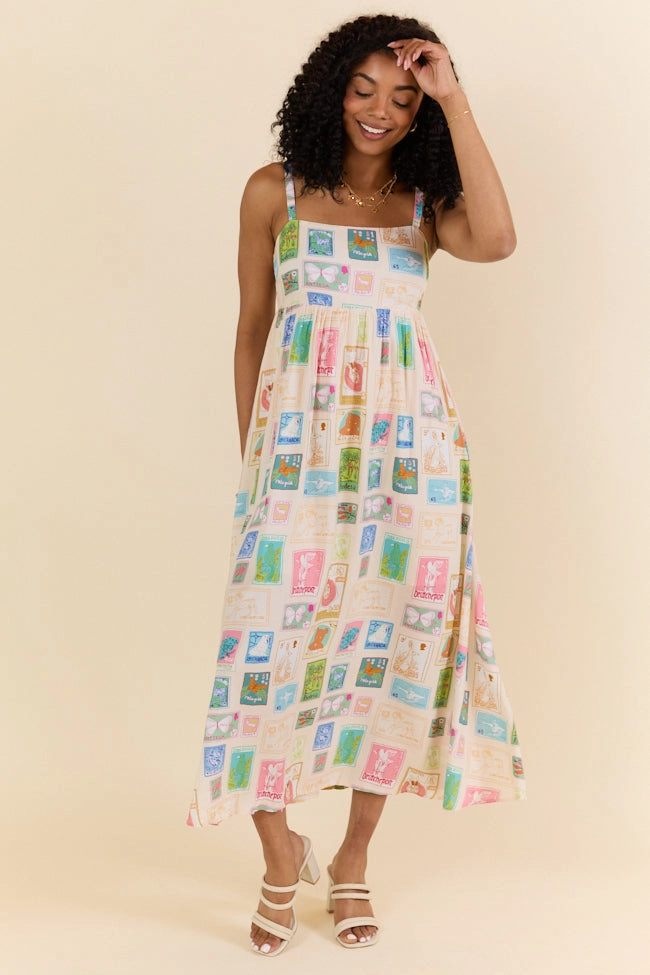World Traveler Stamp Print Midi Dress FINAL SALE flowy style Bold Structure