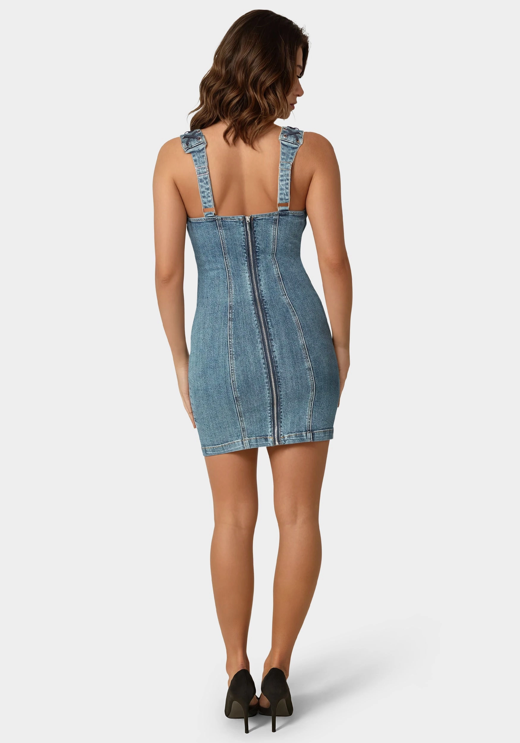 Bow Fitted Eyelet Denim Dress Night Mood