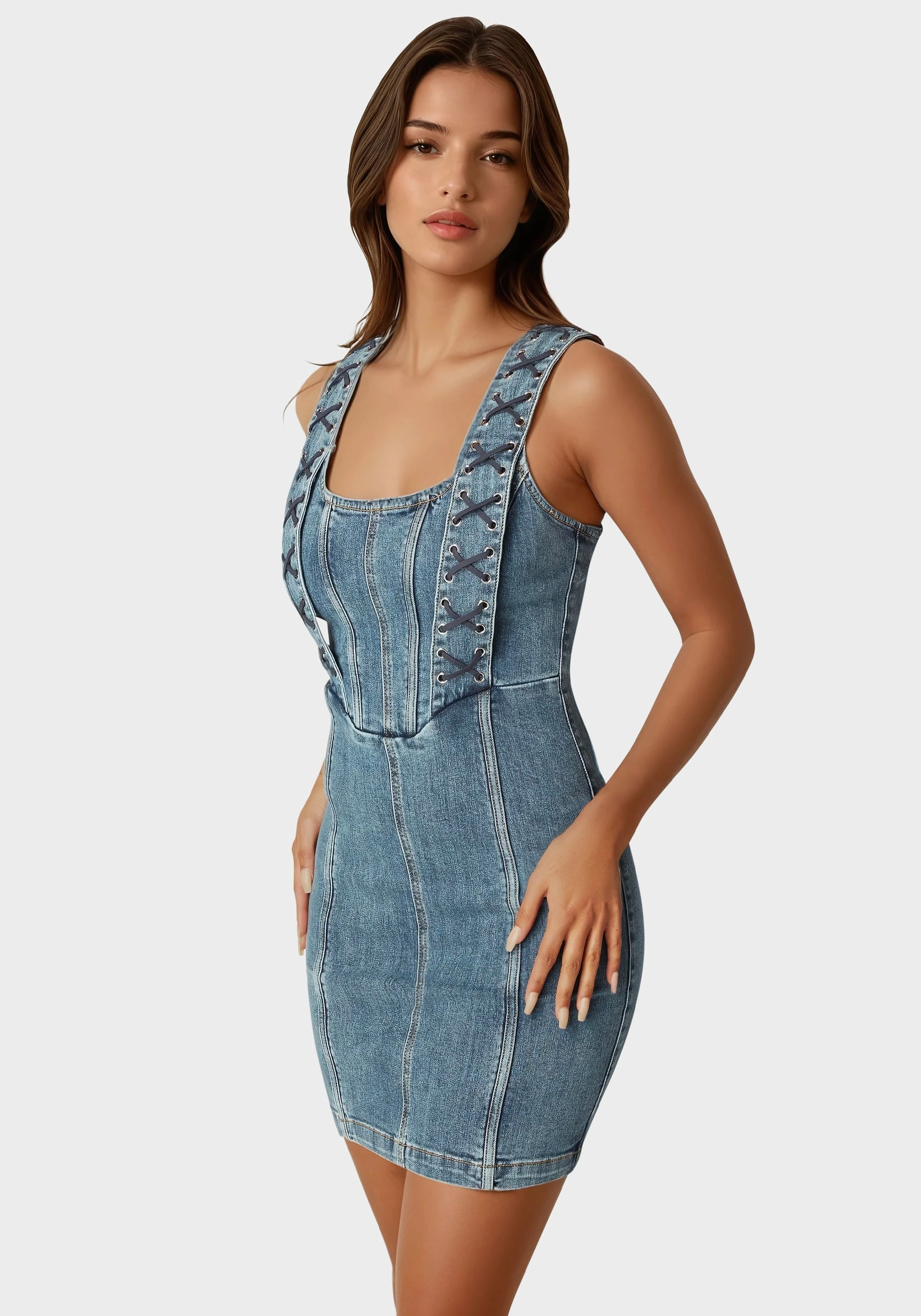 Bow Fitted Eyelet Denim Dress Smart Tones
