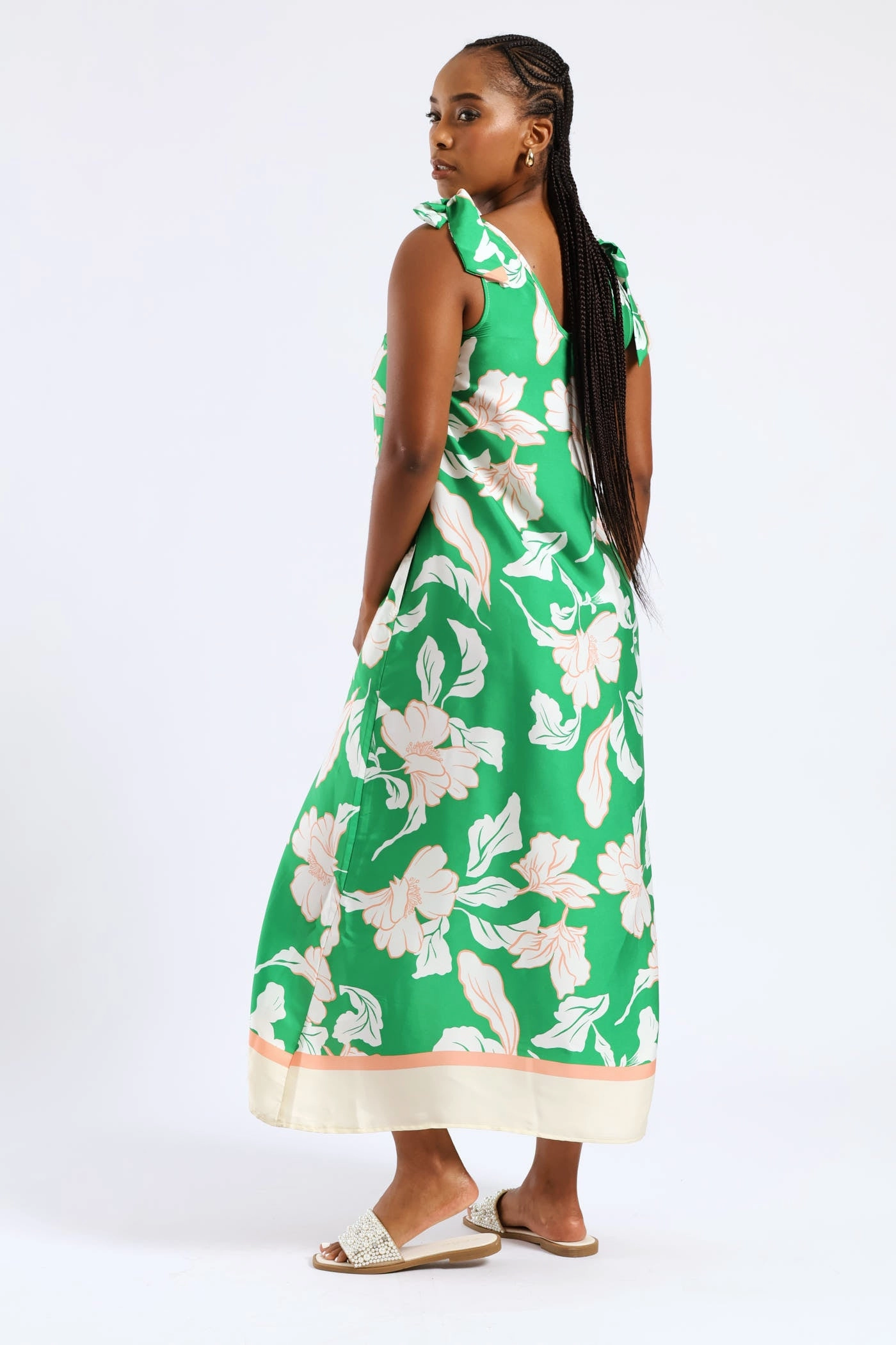 Bow Ties V-Neck Border Print Midaxi Dress - White/Green Chic Design
