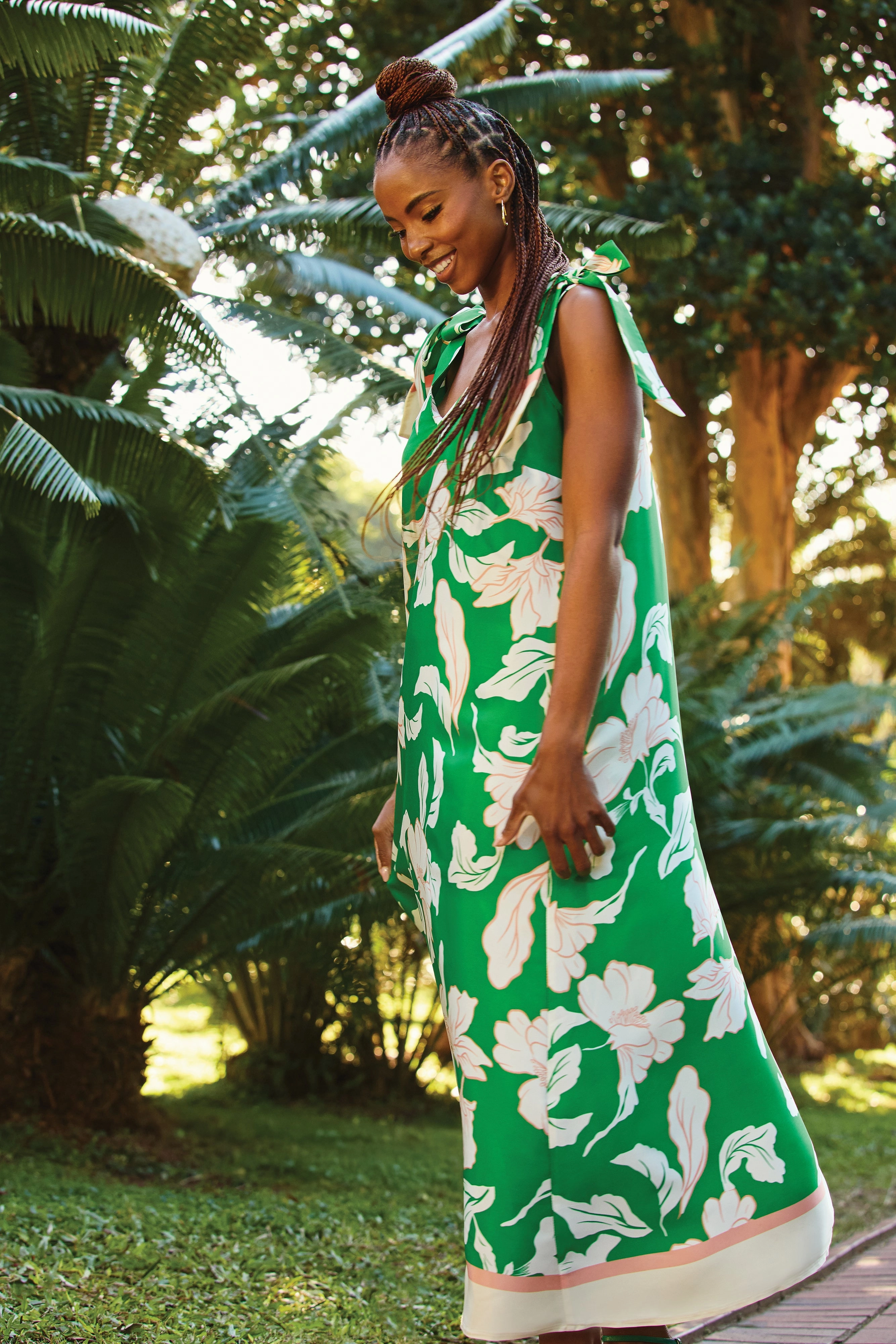 Chilly Weather Wear Formal-look Bow Ties V-Neck Border Print Midaxi Dress - White/Green