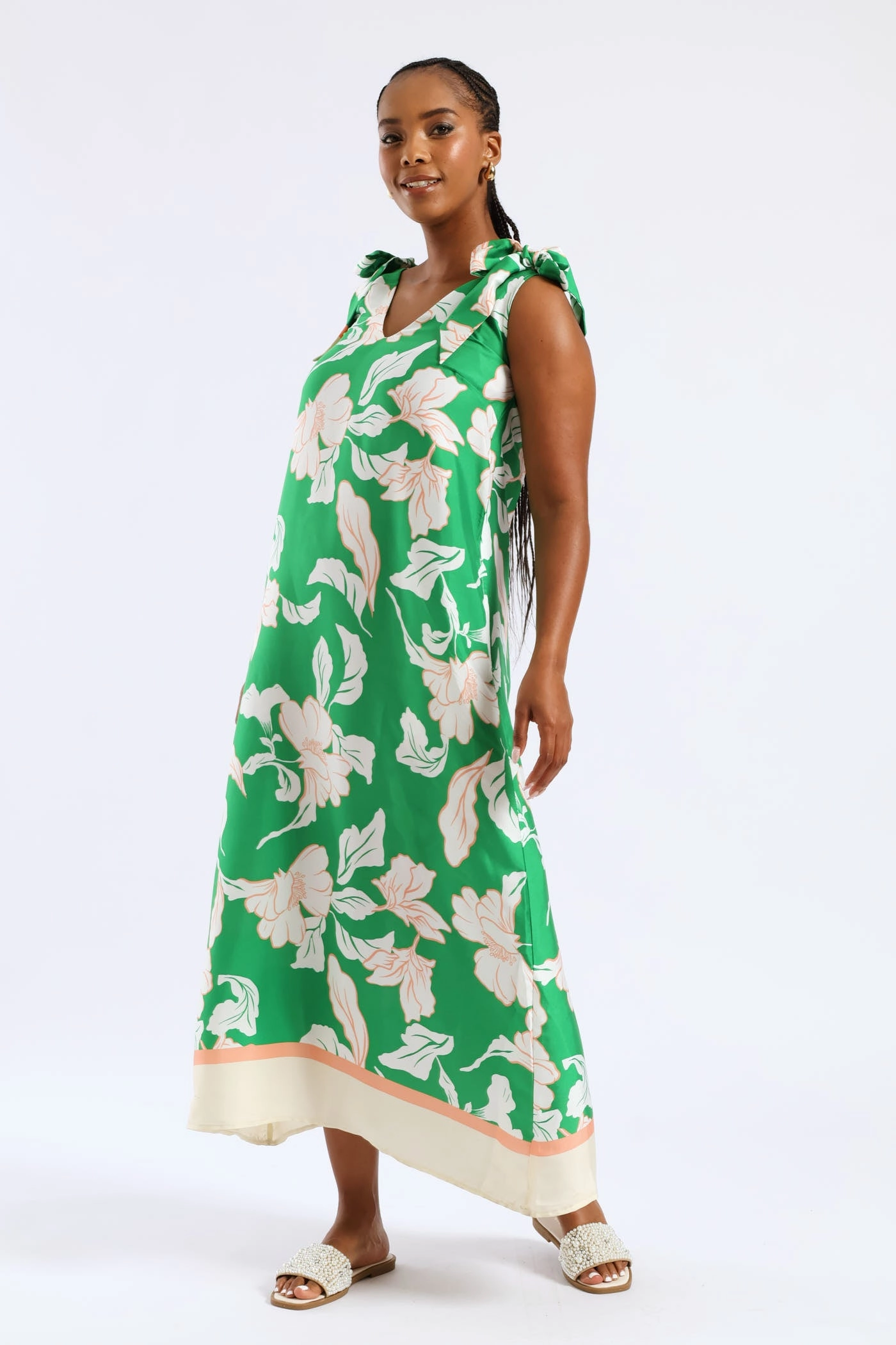 Pure Elegance Bow Ties V-Neck Border Print Midaxi Dress - White/Green